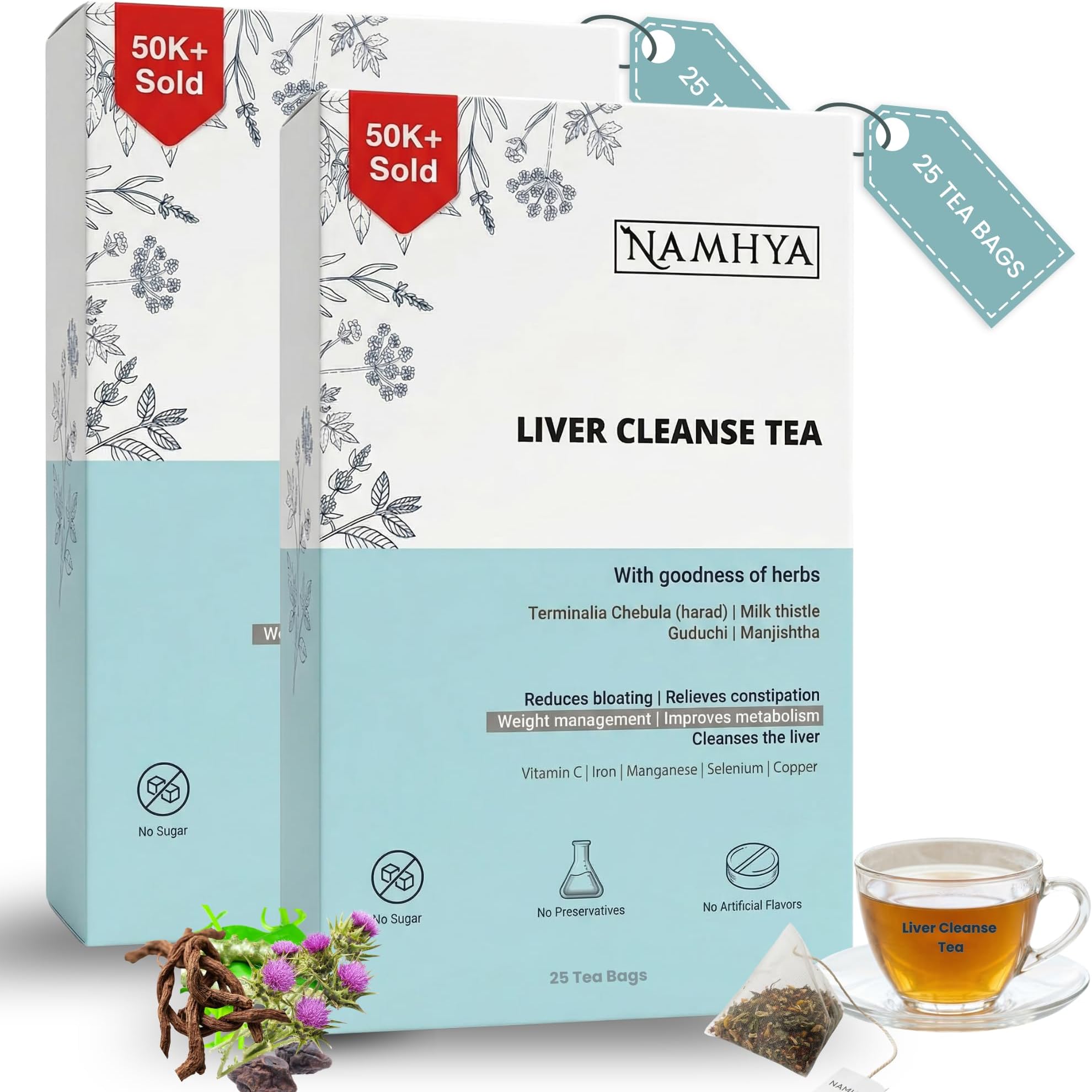 Namhya Ayurveda Liver Cleanse Tea Bags with Harad & Milk Thistle for Liver Health and Wellness - Detox Tea Supports Digestion, Metabolism & Immunity - Herbal Tea Bags for Constipation - Pack of 25