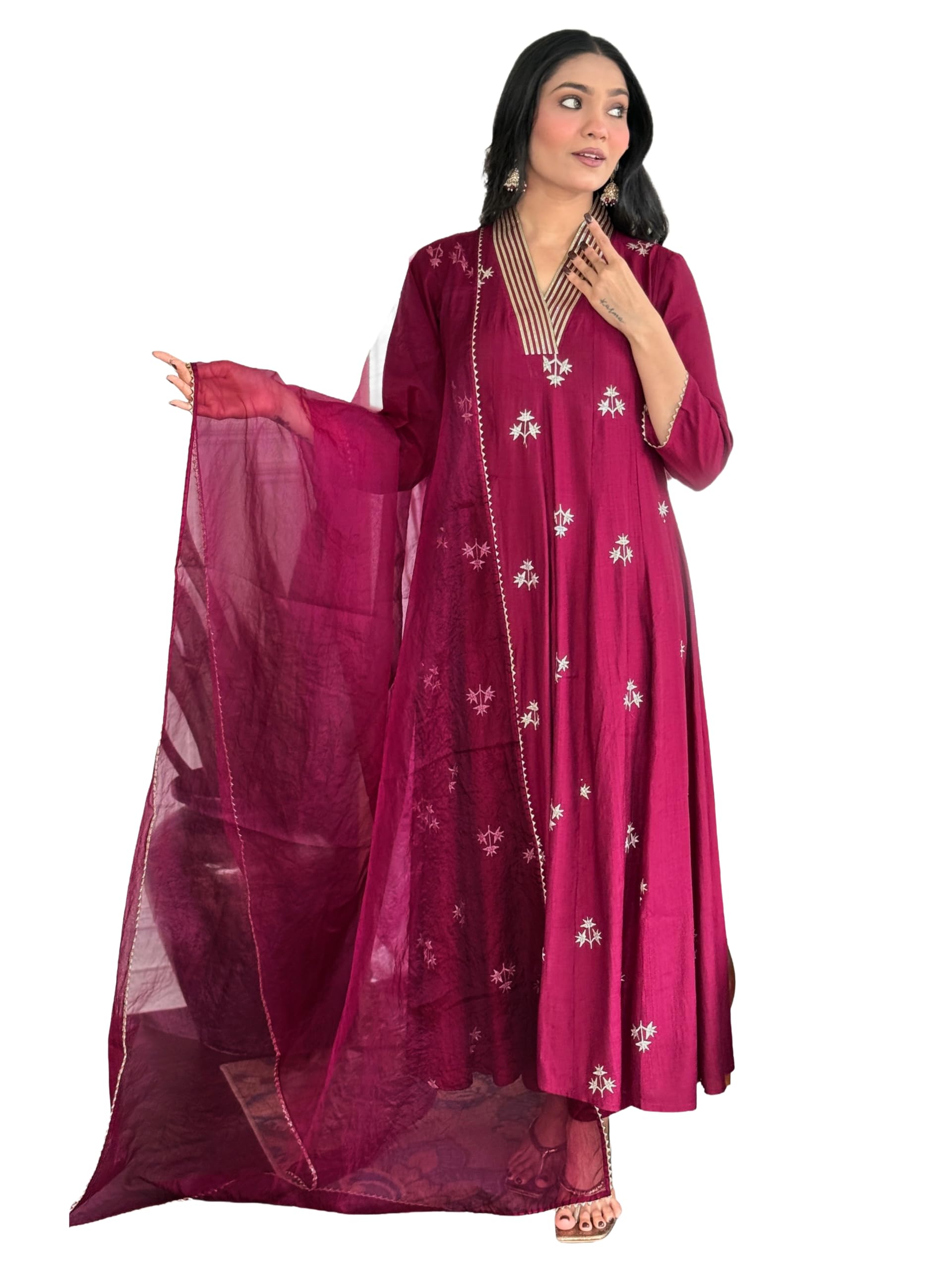 anni designer Women's Viscose Silk Anarkali Printed Kurta with Pant and Dupatta (NADAN Wine_M_Wine_Medium)-picture-37