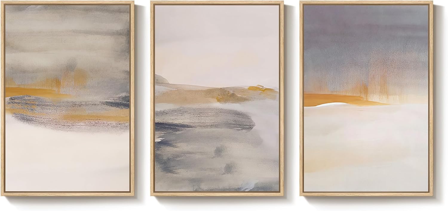 Framed Large Neutral Abstract Wall Art, Set of 3 Canvas Modern Prints Paintings, Minimalist Landscape Beige Gray Picture Artwork Decor for Living Room Bedroom Office 24x36 Inch