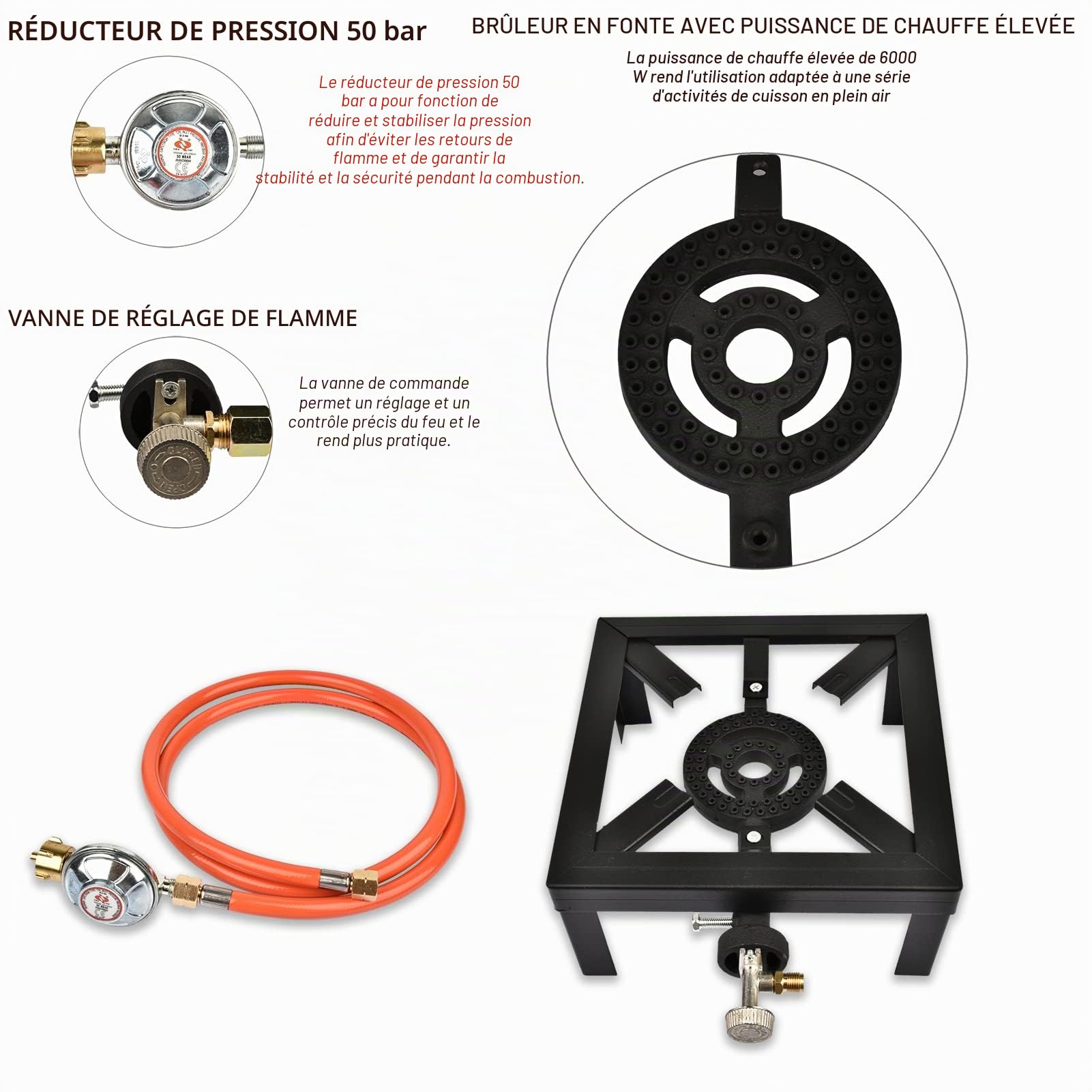 Réchaud à gaz portable Brûleur à gaz 4 pieds 6 kW avec tuyau de 1,5 m certifié CAS et réducteur de pression de 50 bar pour l'extérieur, le camping