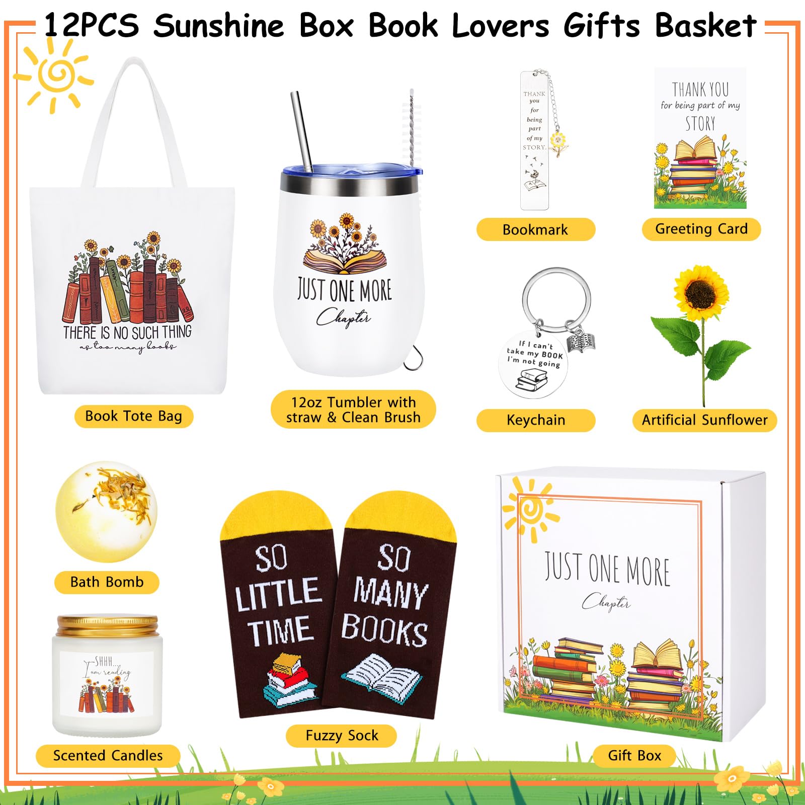 12PCS Gifts for Book Lovers-Book Lovers Gifts for Women, Bookish Gifts for Readers, Librarians, Bookworms, Mothers Day, Sunshine Box Birthday Gifts for Book Reading Lovers Book Themed Gifts for Women