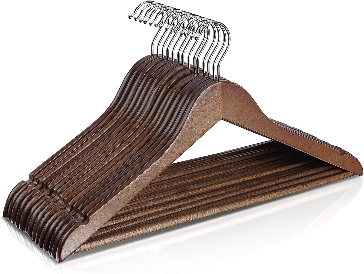 Wooden Hangers 10 Pack,Heavy Duty Wood Coat Hangers,with 360-degree Hook，Smooth Finish Wooden Clothes Hangers with Non Slip Pants Bar, Sturdy Clothes Hangers for Shirts,Suit（Walnut）