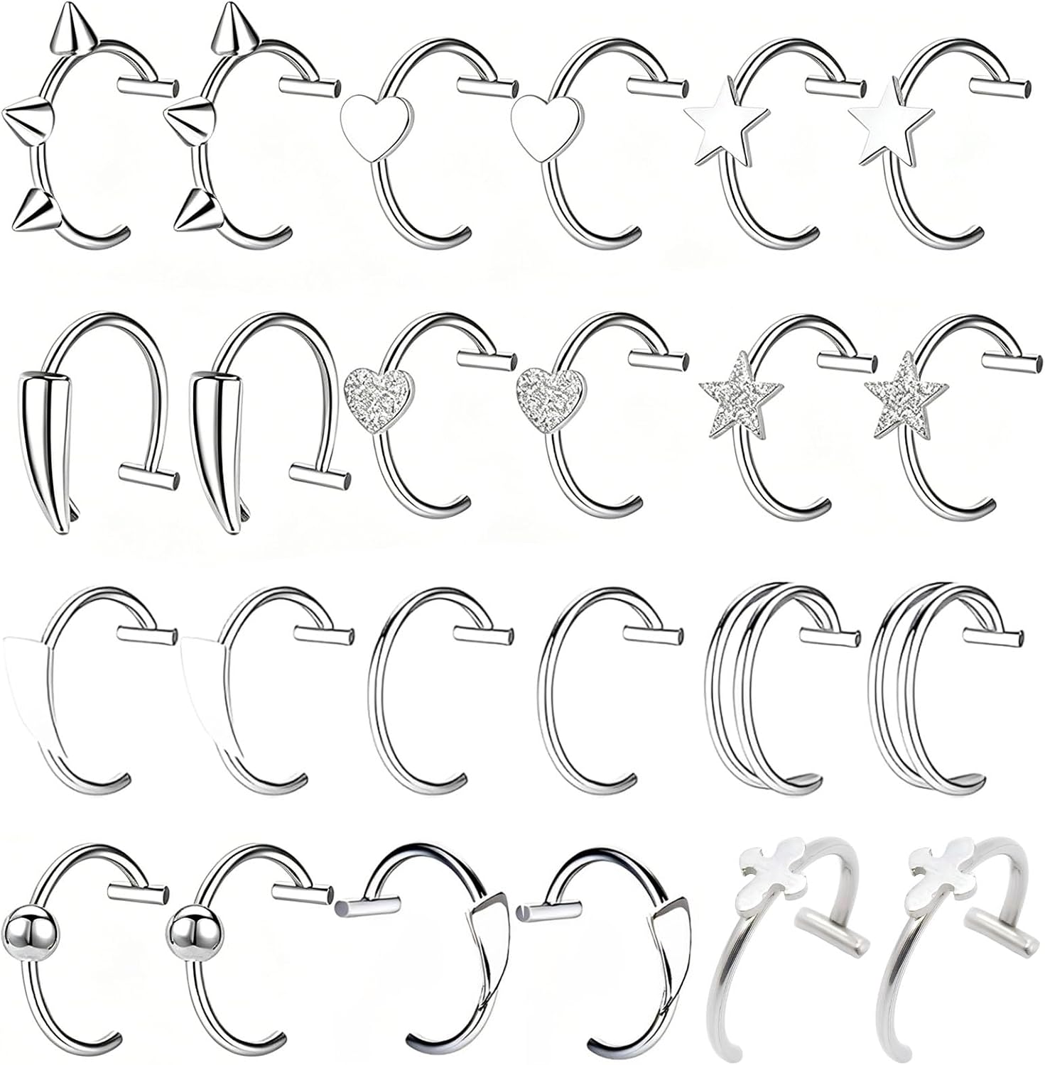 24 Pcs Fake Lip Rings, Fake Lip Piercings Vampire Teeth Halloween Costume Jewelry, Non-Piercing Nose Ear Lips Studs Clip on Body Piercing Jewelry Cosplay Accessories for Women Men Teen