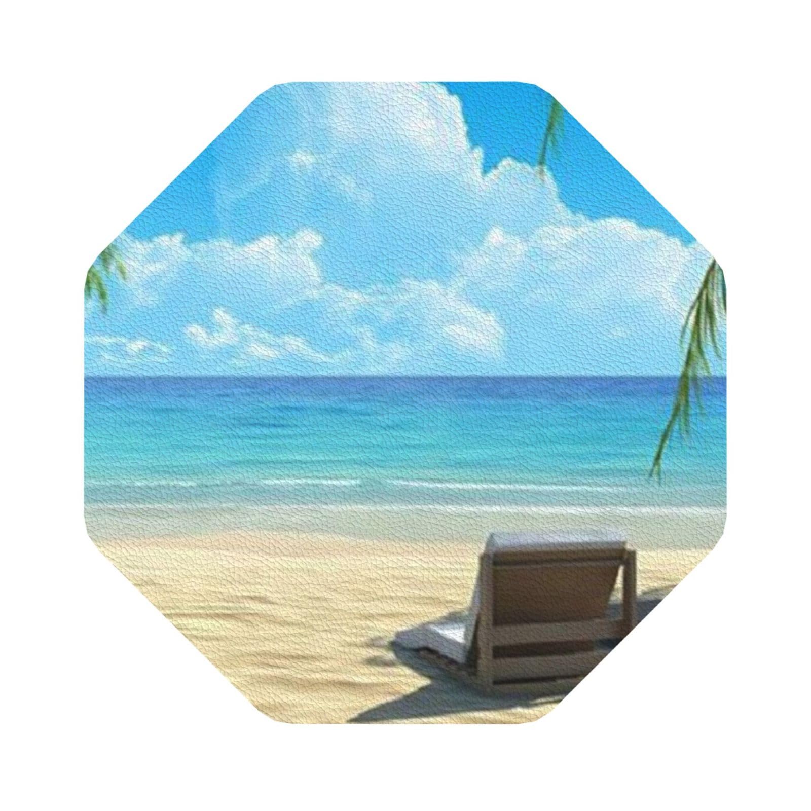 Hawaiian Beach with Palm Trees PU Leather Coasters Set of 6 Octagon Drink Coasters