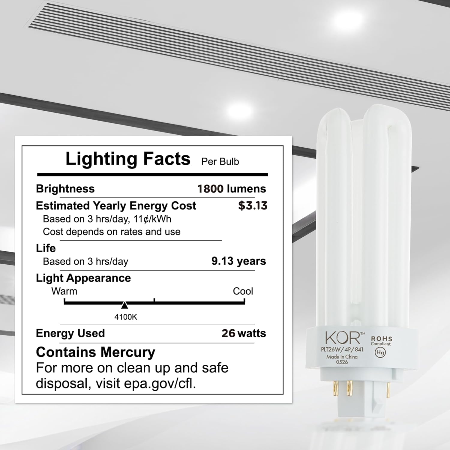 KOR 26W Triple Tube Compact Fluorescent Light Bulb, 4 Pack | GX24Q-3 4-Pin Plug-In Base, 4100K Cool White, T4, K20788, PL26W/3U/4P/841