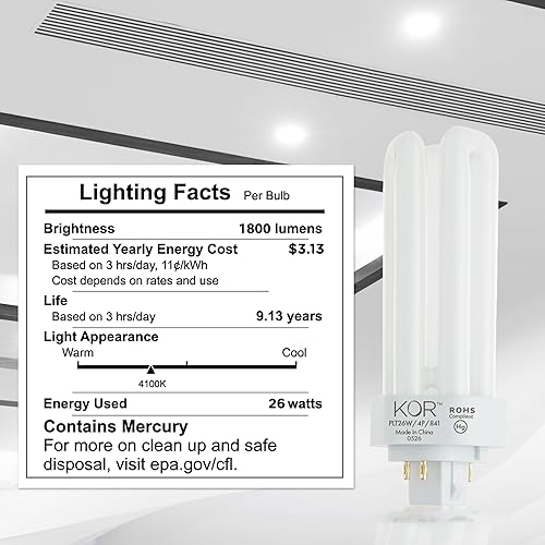 Miniatura 6 de KOR (Paquete de 4) K20788 - PL26W/3U/4P/841 - Fluorescente compacto enchufable - T4 - Tubo triple - 26 vatios - 4 pines (GX24q-3) - 4,100 Kelvin