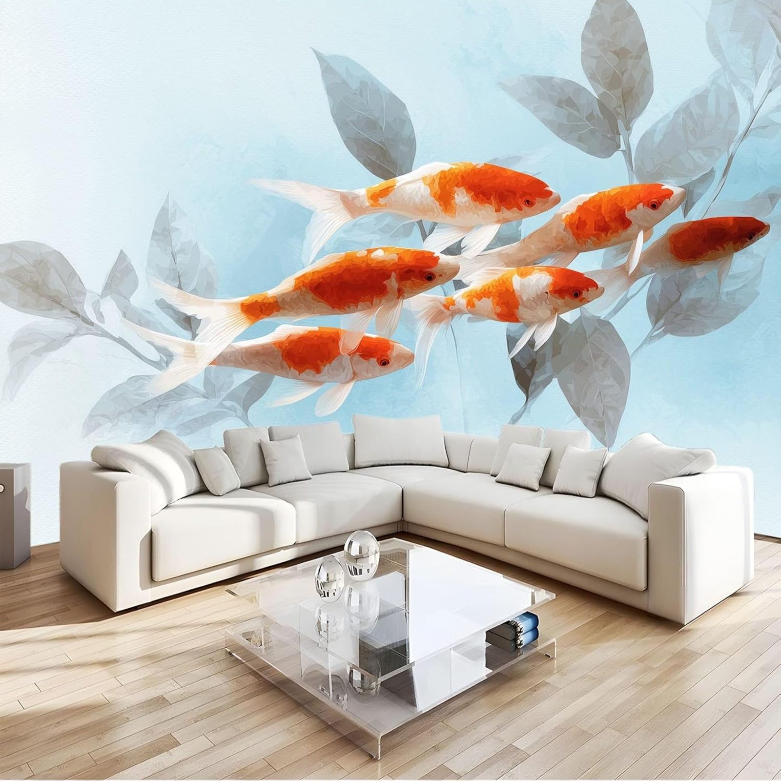 hgjdjhnf Photo Wallpaper Fish Leaves Modern wall Mural Living Room Bedroom wall Art, Light Blue, 350cm x 256cm