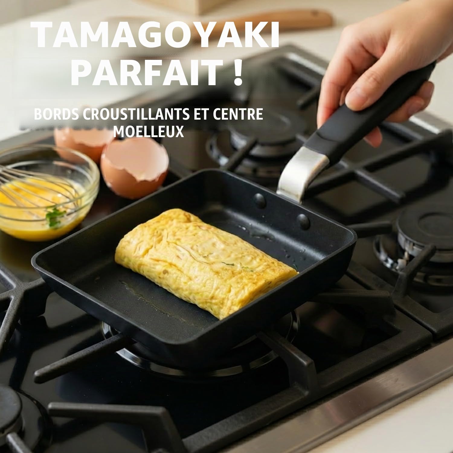 TECHEF - Tamagoyaki Poêle à omelettes japonaises / poêle à œufs, sans PFOA, passe au lave-vaisselle, prête à induction, fabriquée en Corée (noir/moyen)