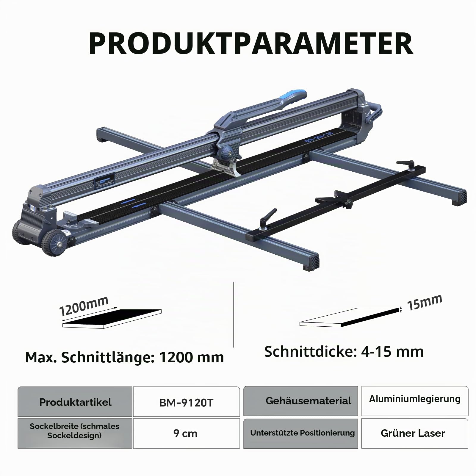 120 cm Manueller Großfliesen-Fliesenschneider mit Laserführung, max. 15 mm | Integrierter Magnetischer Trenner am Legierungsrahmen, große Schnittstärke, tragbare rutschfeste Räder