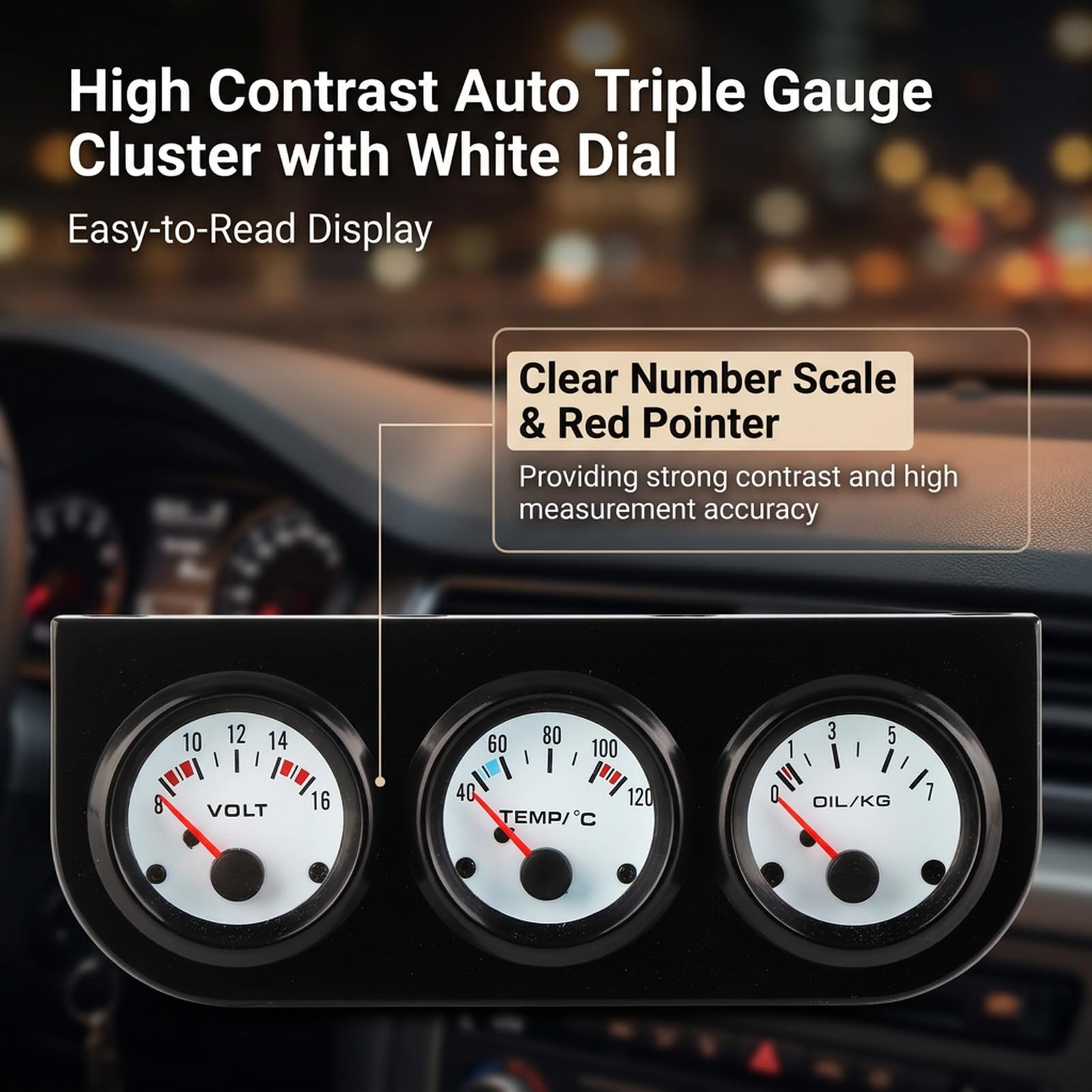 52 mm Öldruck-Temperatur-Voltmeter-Instrumententafel.Ein universelles Auto-Dreifachanzeigen-Set, das als Kfz-3-in-1-Instrumentenanzeige für 12-V-Systeme konzipiert ist
