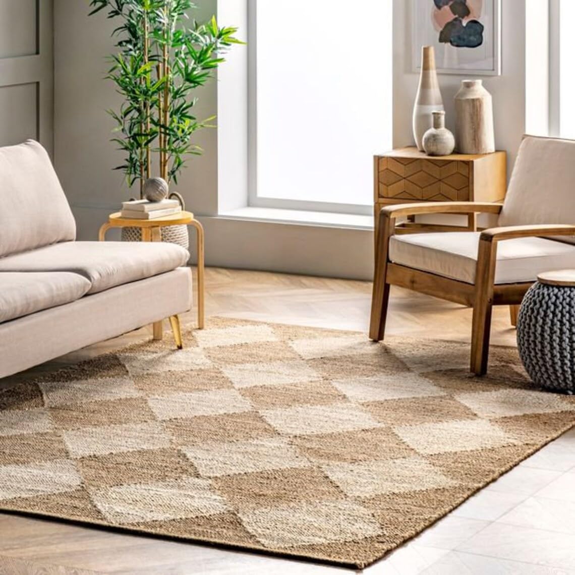 Photo 1 of ***STOCK PHOTO REFERENCE ONLY***
Rangneel Fabrics® Handloomed Natural with Ivory Diamond Shape Jute Rug sisal-Woven Outdoor Rug Jute - Beige