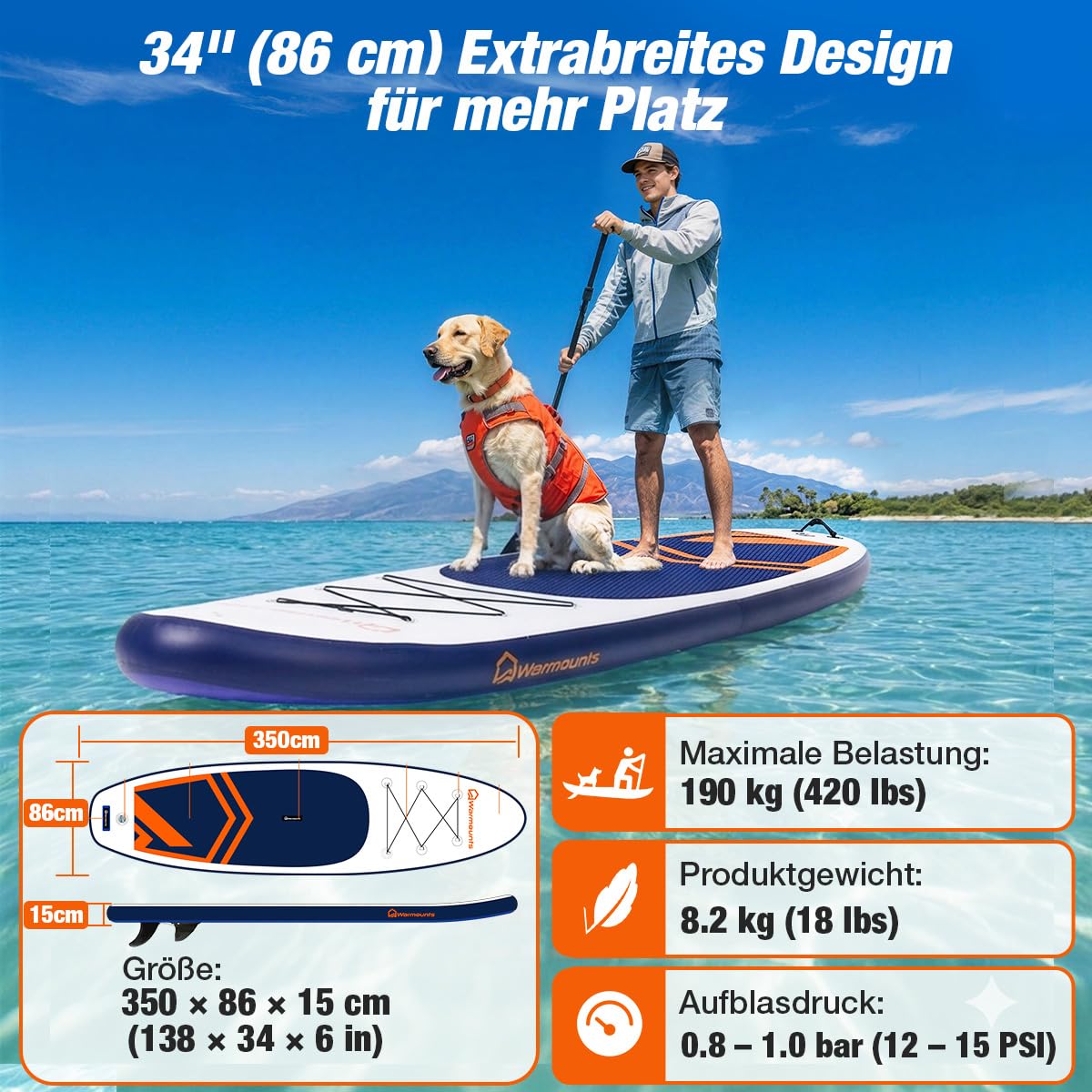Warmounts 350cm Aufblasbares SUP Board, 86cm Breit Stand Up Paddle für Anfänger & Erwachsene, Allround Paddleboard mit Verstellbarem Paddel, Kamerahalterung, Pumpe und Rucksack, 190 kg