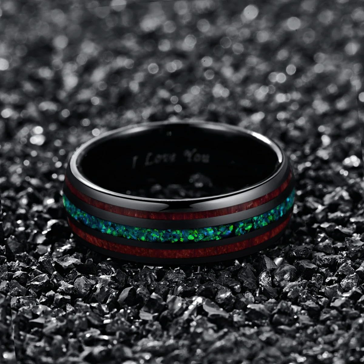 Anillo de Madera de Acacia Natural de 8 mm con la Letra Te Amo Anillo de carburo de tungsteno de ópalo Verde para Hombres Nombre
