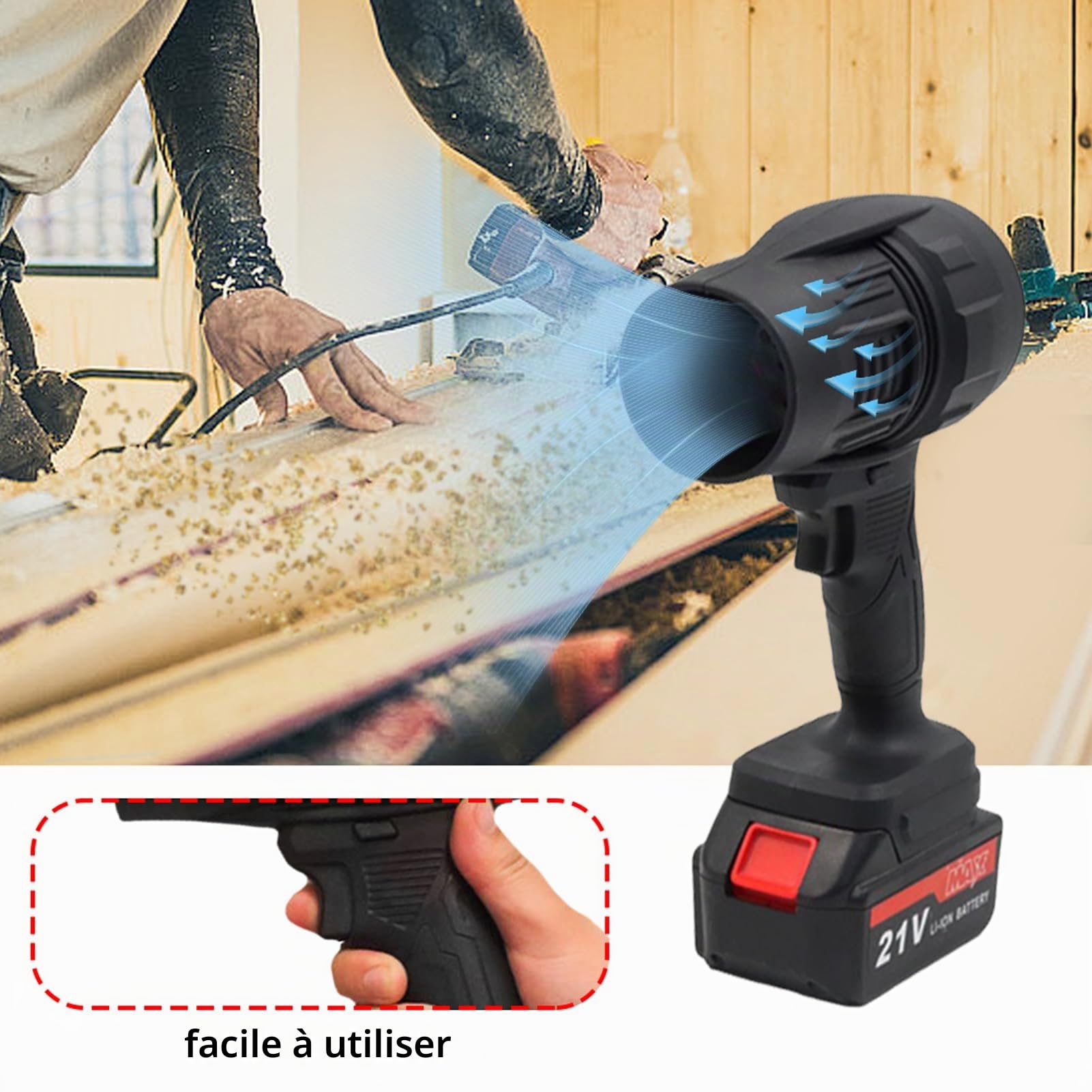 Souffleur à feuilles à piles avec 2 piles 21 V de grande capacité, portable, pour séchage de voiture, nettoyage de terrasse