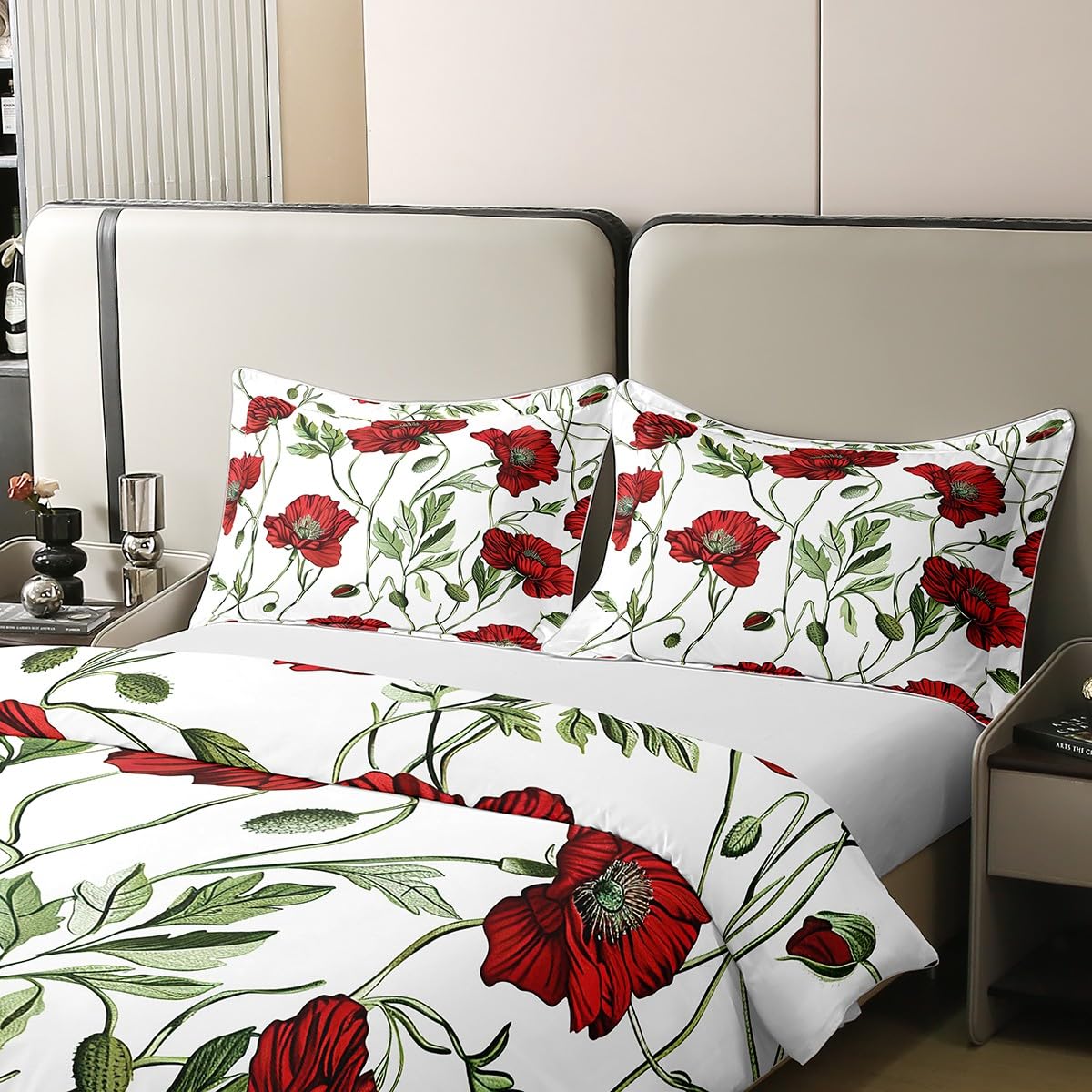 Loussiesd Kinder Mohnblume Baumwolle Bettwäsche Set 135x200cm Frühling Floral Blume Betten Set für Mädchen Jungen Natur Thema Bettbezug Set Home Dekor,1 Bettbezug mit 1 Kissenbezug