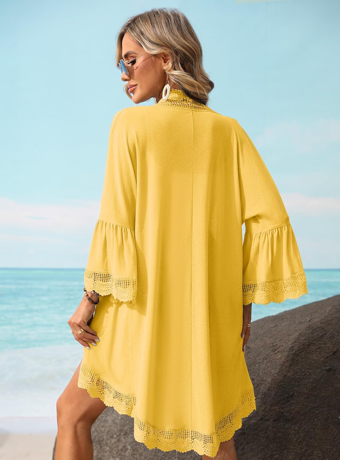 Women's Summer Lightweight Cardigan 3/4 Ruffle Sleeve Lace Details Kimono - Image 8