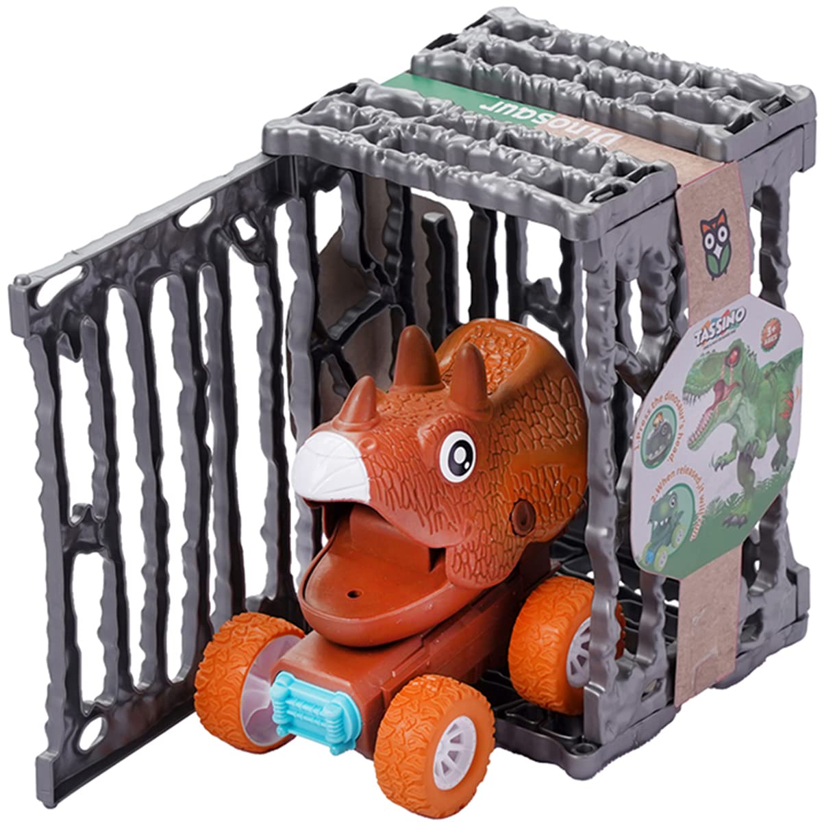 TASSINO, FIND A WAY OR MAKE ONE Tassino Dinosaur Toys for Kids Figure Car Toy, Press and Go Vehicle with Cage, Animal Playing Set for Children Gift (Brown)