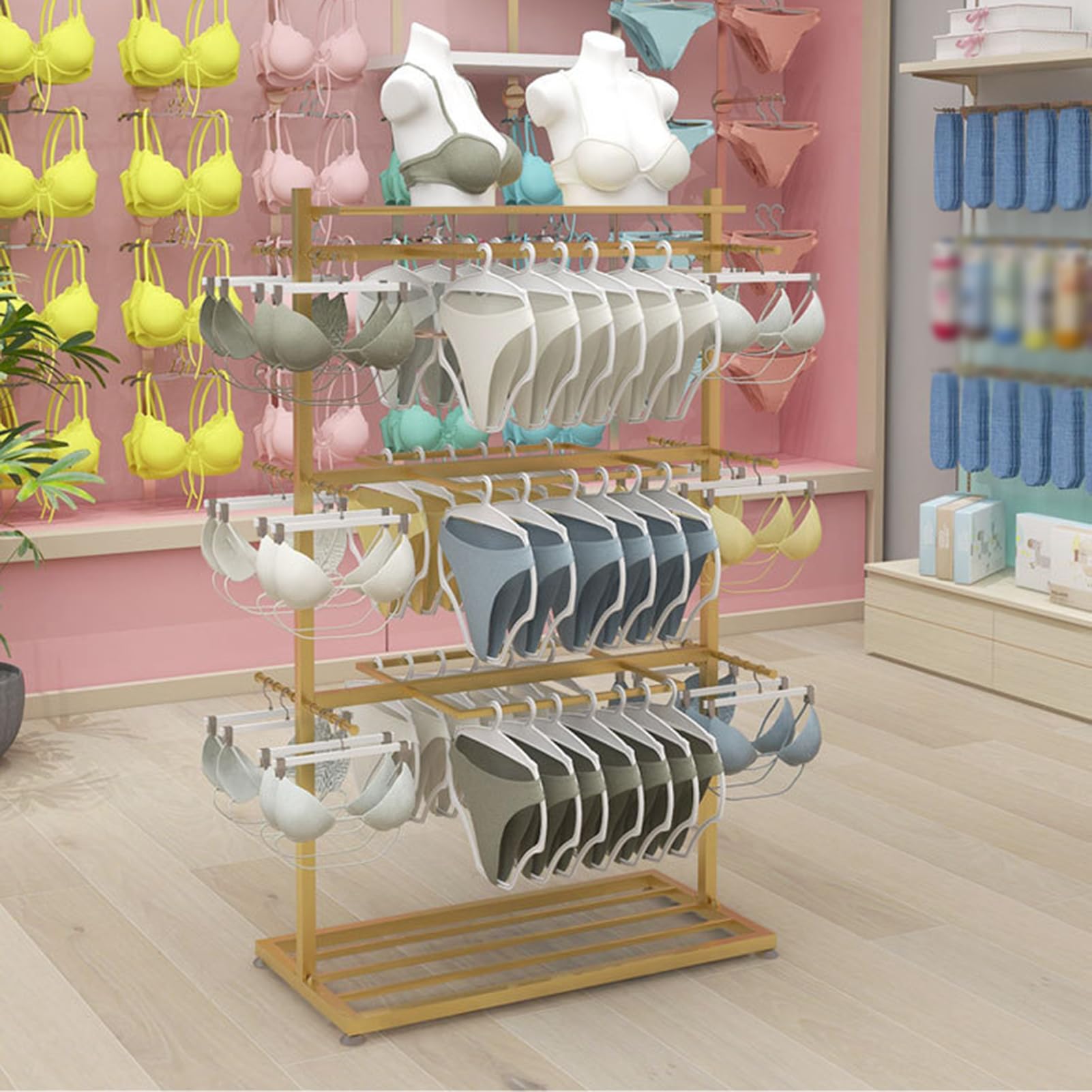 JYBNBBE Underwear Display Stand with Bra Panty Socks Storage, Metal Clothing Hangers for Retail Store Farmers Market Shopping Mall,Gold-80x40x135cm
