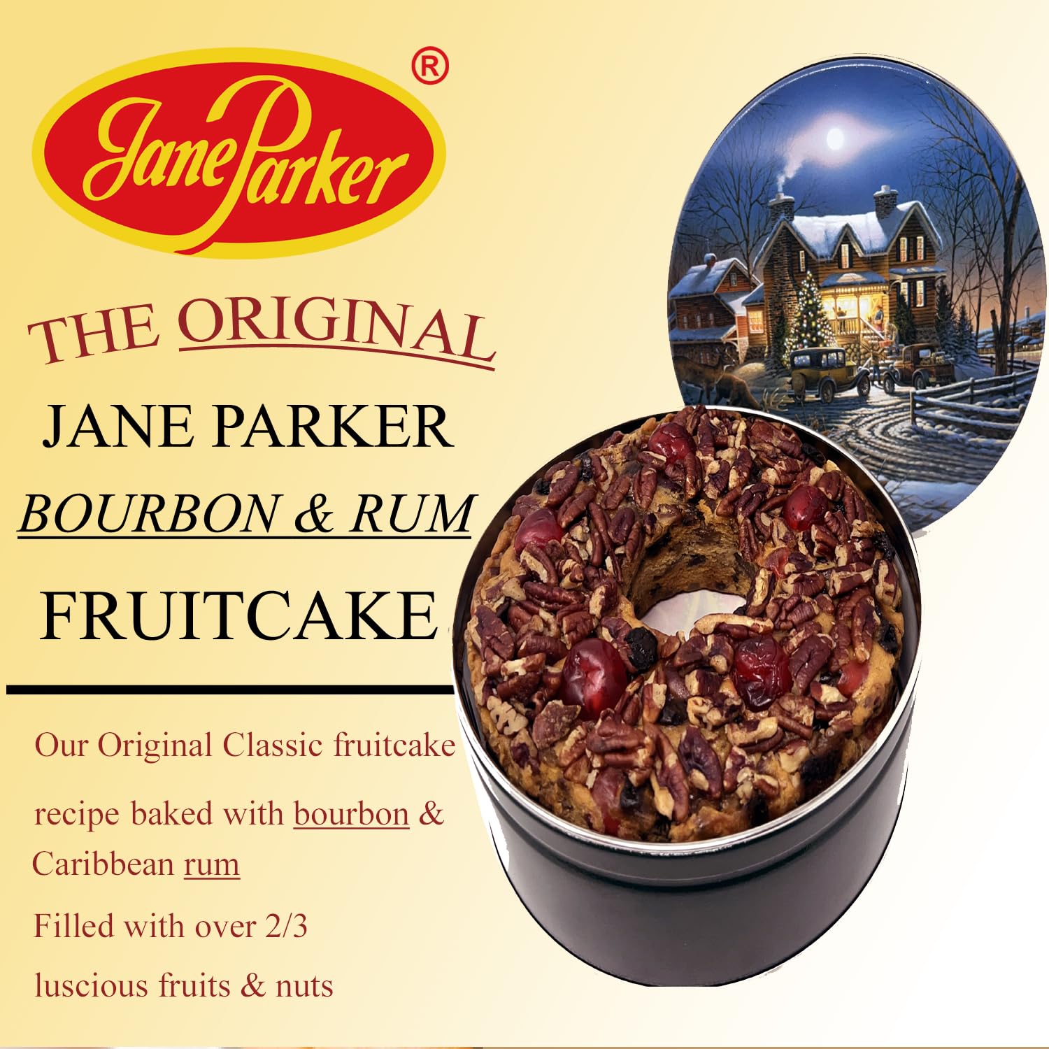 Jane Parker Fruitcake Bourbon and Rum Fruit Cake 2 Pound (32 Ounce) Ring in a Collectible Holiday Tin-Holiday-Christmas Cake-The Best Fruitcake You Can Buy