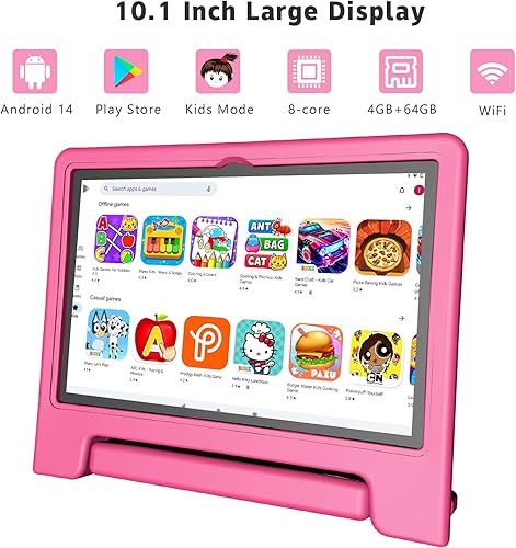 Miniatura 2 de VNEIMQN Tableta para niños, tableta de 10.1 pulgadas para niños, Android 14, 64 GB Octa-Core, WiFi, batería grande, espacio para niños, control