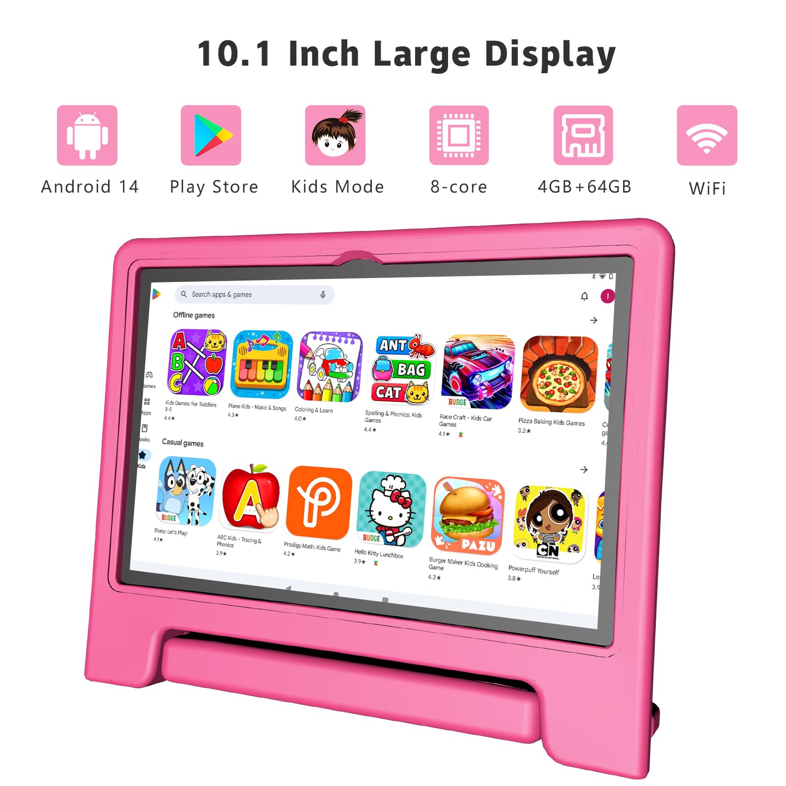 VNEIMQN Tablet per Bambini Android 14, con WiFi e Bluetooth, Doppia Fotocamera 10.1 Pollici HD, Octa-Core, 8GB RAM, 64GB ROM (1TB TF), Controllo Parentesco, Batteria 6000mAh (Rosa)