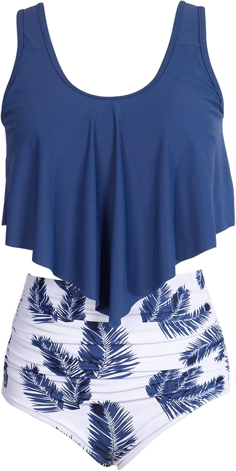 Women High Waisted Bikini Swimsuit Plus Size Flounce Top Vintage Tummy Control Bottom Two Piece Tankini Bathing Suits - Image 5