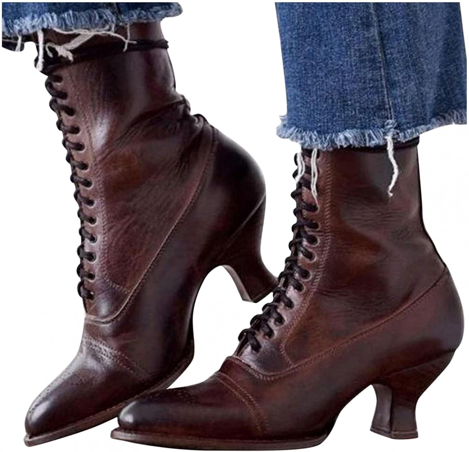 Hbeylia Mid Calf Combat Boots For Women Fashion Vintage Leather Lace Up Pointed Toe Kitten High Heels Motorcycle Riding Short Boots Roman Goth Dress Ankle Booties For Ladies Halloween Decoration Dress