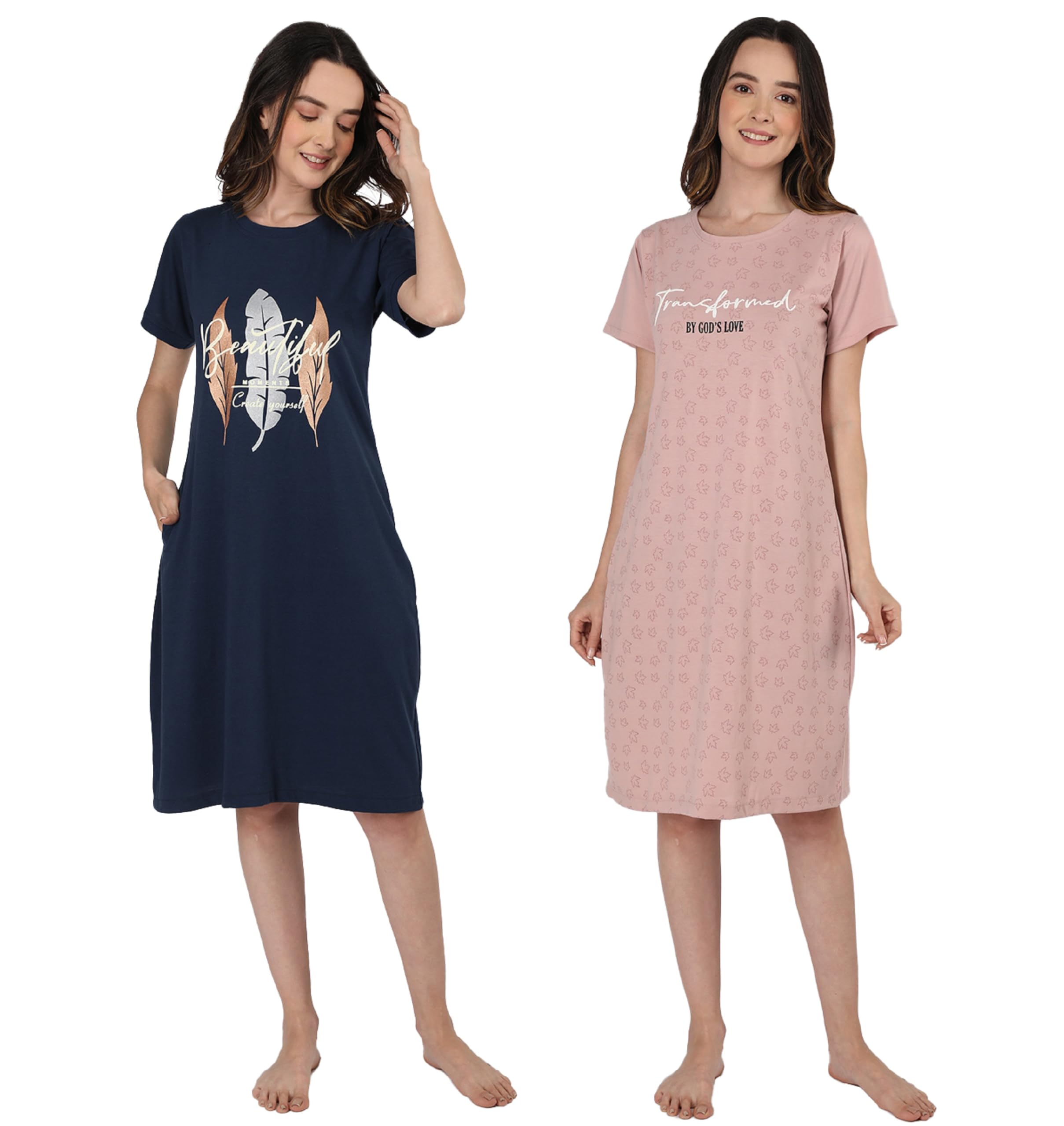duchess Combo Cotton Short Nighty Round Neck Printed Knee Length Nighty for Women(Pack of 2)-picture-14