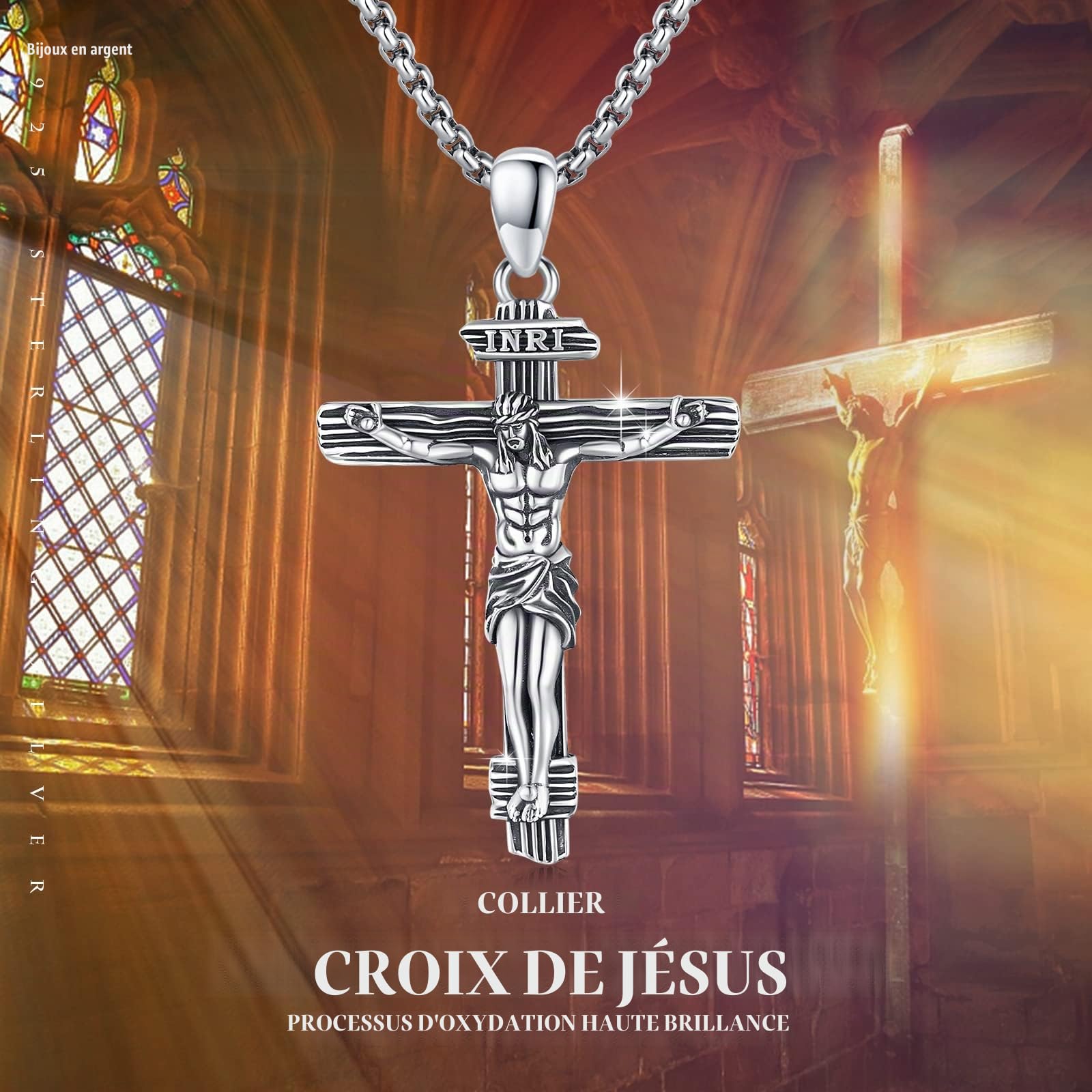 Jésus Croix Collier Pendentif En Argent Sterling 925 Collier En Acier Inoxydable Collier Amulette Chaîne Chrétienne Bijoux Hommes Femmes