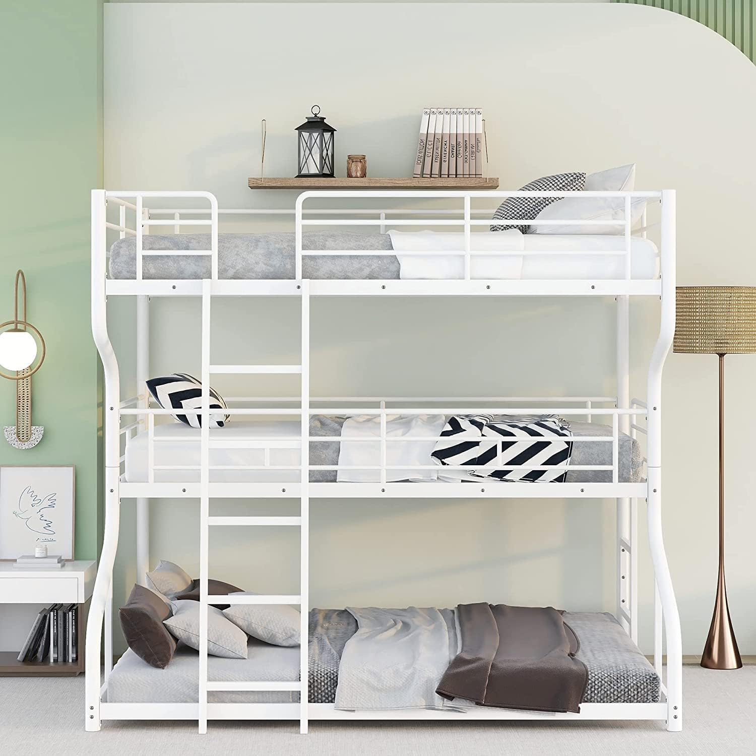 DNYN Full XL Over Twin XL Over Queen Size Triple Bunk Bed for Kids/Teens/Adults Bedroom,Metal Stucture Bedframe w/Safety Guardrail & Ladder,No Box Spring Need & Space Saving Design, White