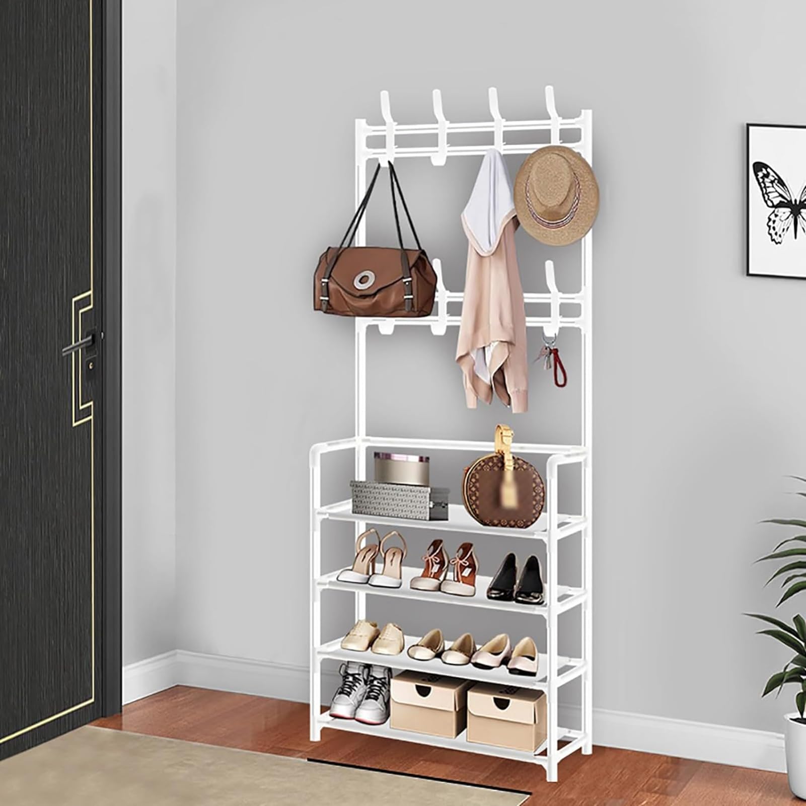 Étagère chaussures 4 niveaux blanche petit espace meuble entrée avec patères