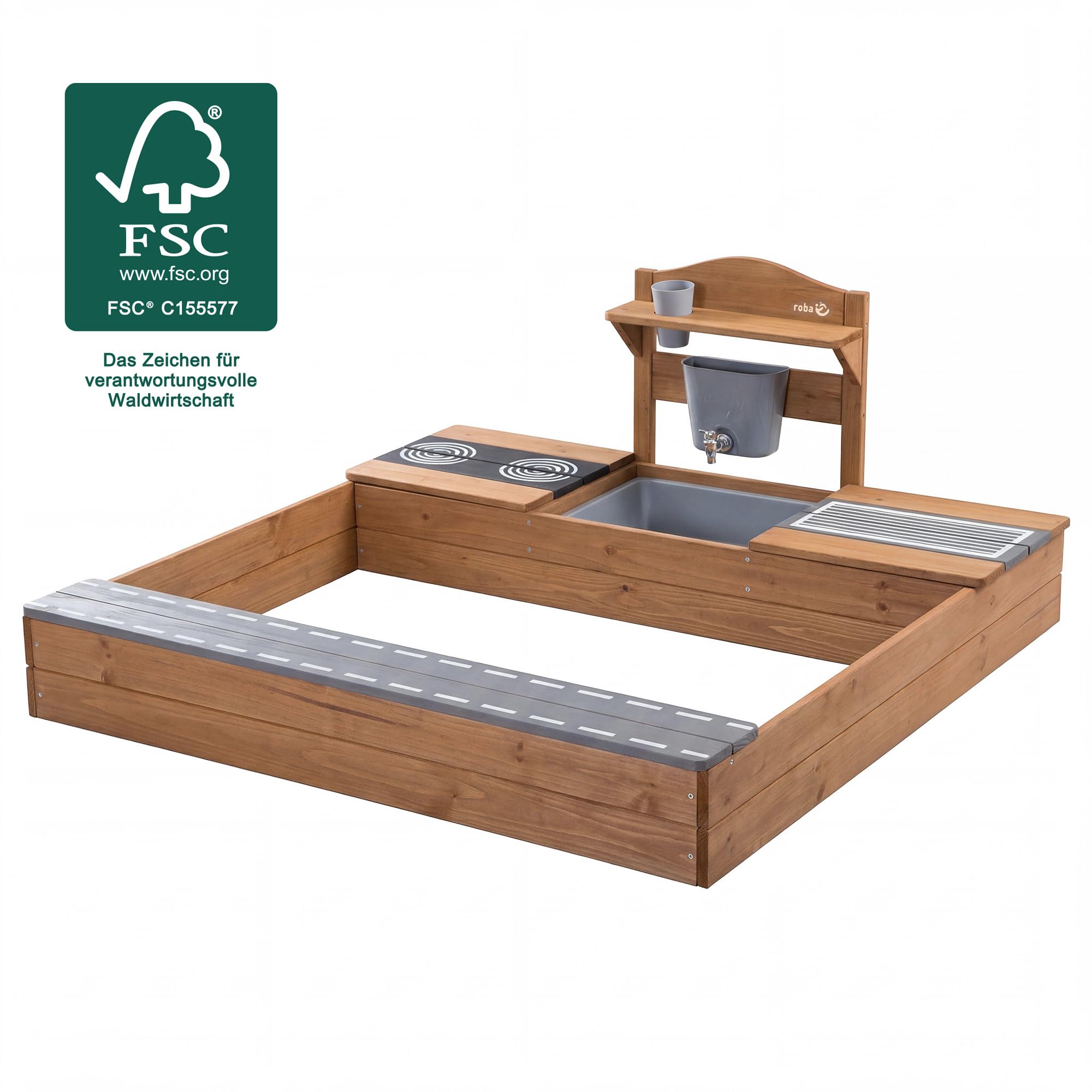 roba Sandkasten aus Holz mit Integrierter Matschküche - FSC®-Zertifiziertes Massivholz - Sandkiste für Kinder ab 12 Monaten - Teakfarben Lasiert