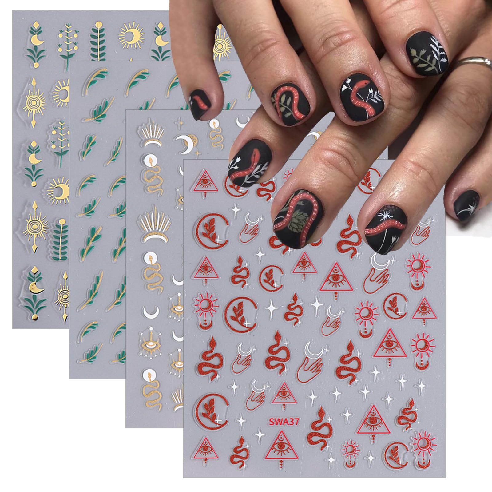 8 Sheet Snake Nail Stickers 3D Self Adhesive Nail Decals Leaf Nail Art Stickers Star Moon Leaf Sun Designs Acrylic Nail Art Supplies Goth Snake Nail