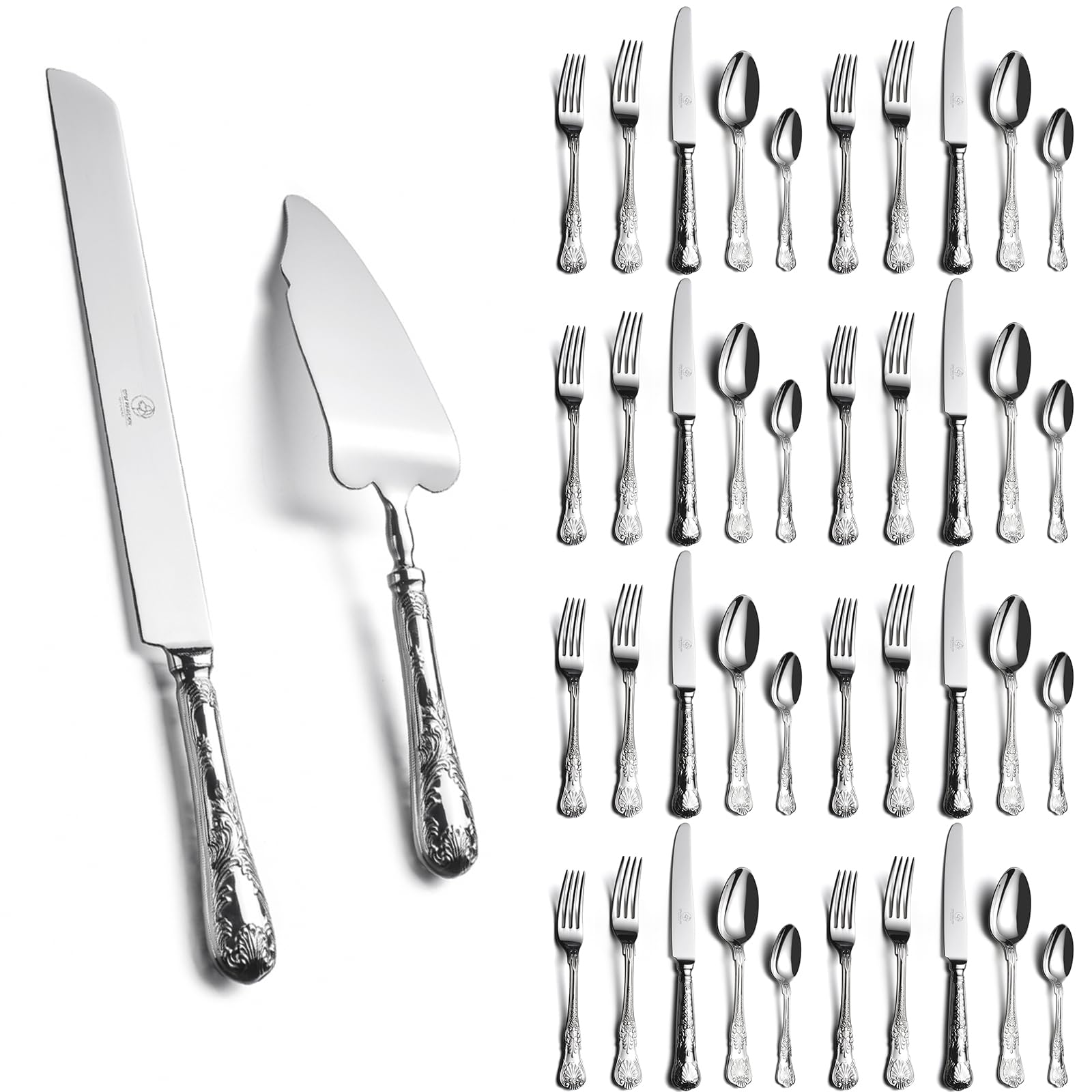 Wedding cake cutting set and 40 piece silverware set bundle, 18 10 stainless steel, flatware service for 8, Rust free, dishwasher safe, OTW PAVILION