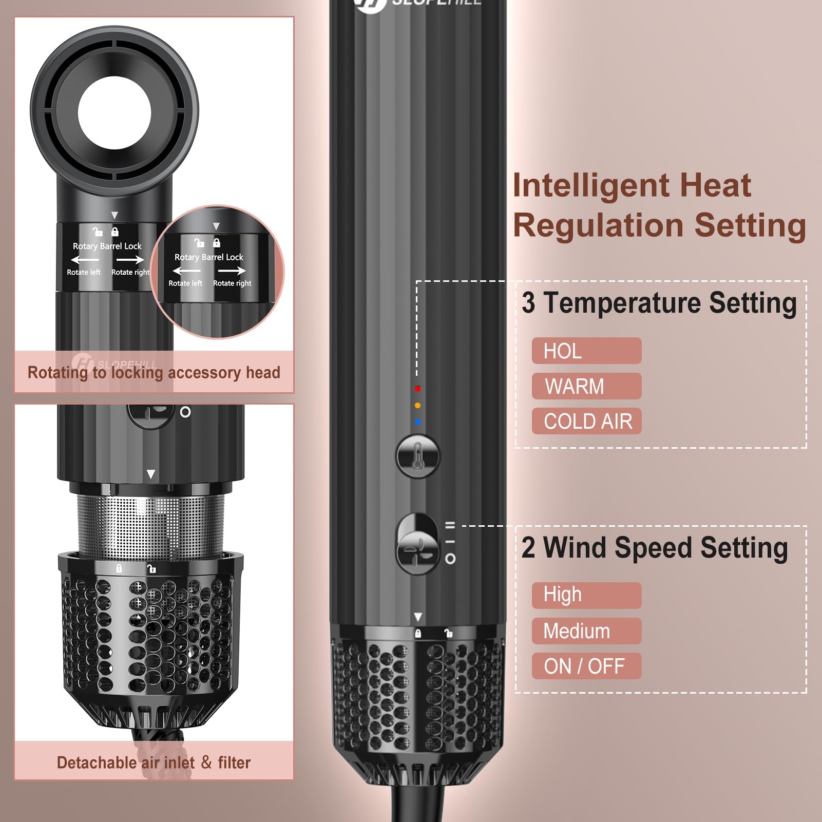 (OUTLET) Slopehill Airstyler 5 IN 1, 110,000 RPM High-Speed Ionic Haartrockner für Schnelltrocknend, Multi-Haarstyler mit Automatischer Luft-Lockenstab, Haarglätter Bürste ＆ Volumenbürste (Dunkelgrau)
