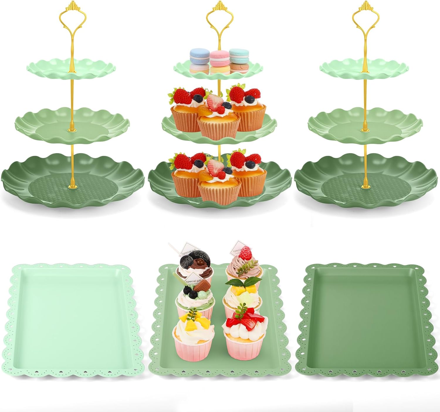 FoldTier 6 Pack Cupcake Stand Set 3 Pcs 3 Tier Gradient Dessert Table Display Stands Cookie Tray Rack 3 X14 in Rectangle Party Trays for Wedding Birthday Tea Party Baby Shower(Green,Round)
