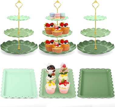 FoldTier Green 6 Pack Cupcake Stand Set 3 Pcs 3 Tier Gradient Dessert Table Display Stands Cookie Tray Rack 3 X14 in Rectangle Party Trays for Wedding Birthday Tea Party Baby Shower Round