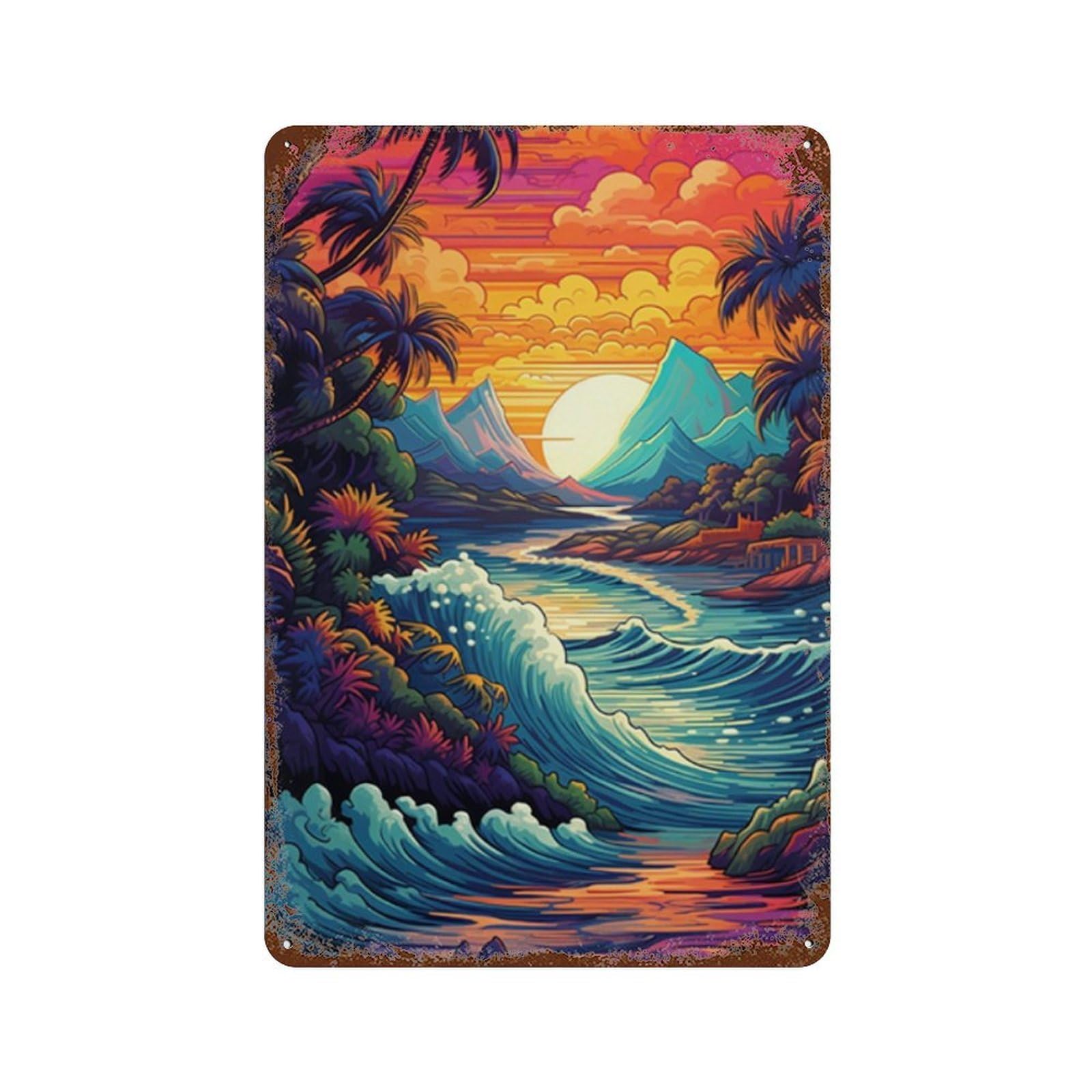 Rust Effect Tropical Sunset Waves Retro Metal Sign 11.8"x7.9", Novelty Wall Decor for Bistro, Counter And Cafe Decor