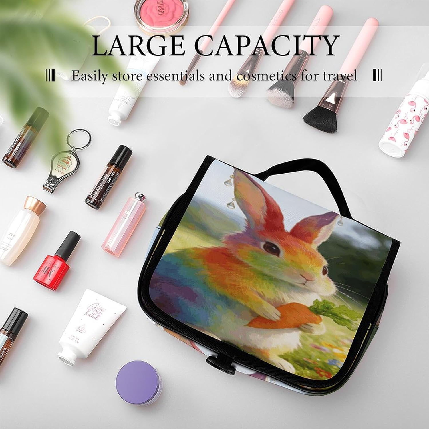 Colorful Bunny Pose Toiletry Bag Portable Hanging Cosmetic Bag Large Capacity Travel Makeup Bags for Bathroom image 4