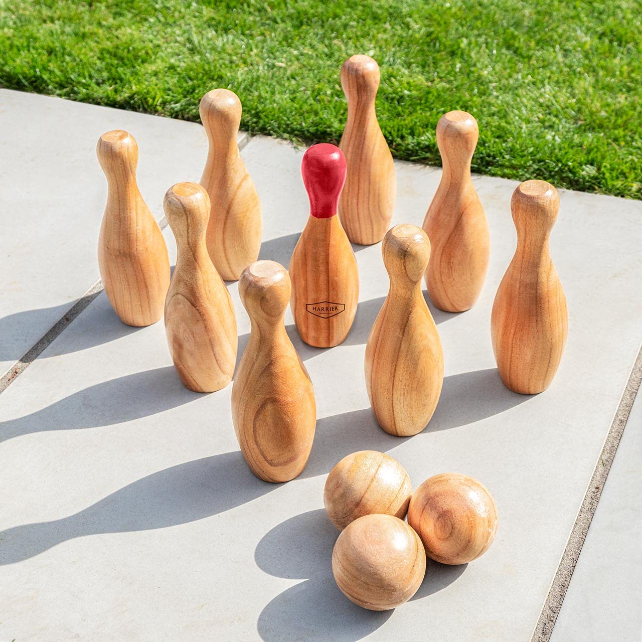 HARRIER Wooden Skittles Set – Premium Hardwood Bowling Game with Carry Bag – Includes 10 Skittles & 3 Wooden Balls – Ideal for Outdoor Fun & Family Activities