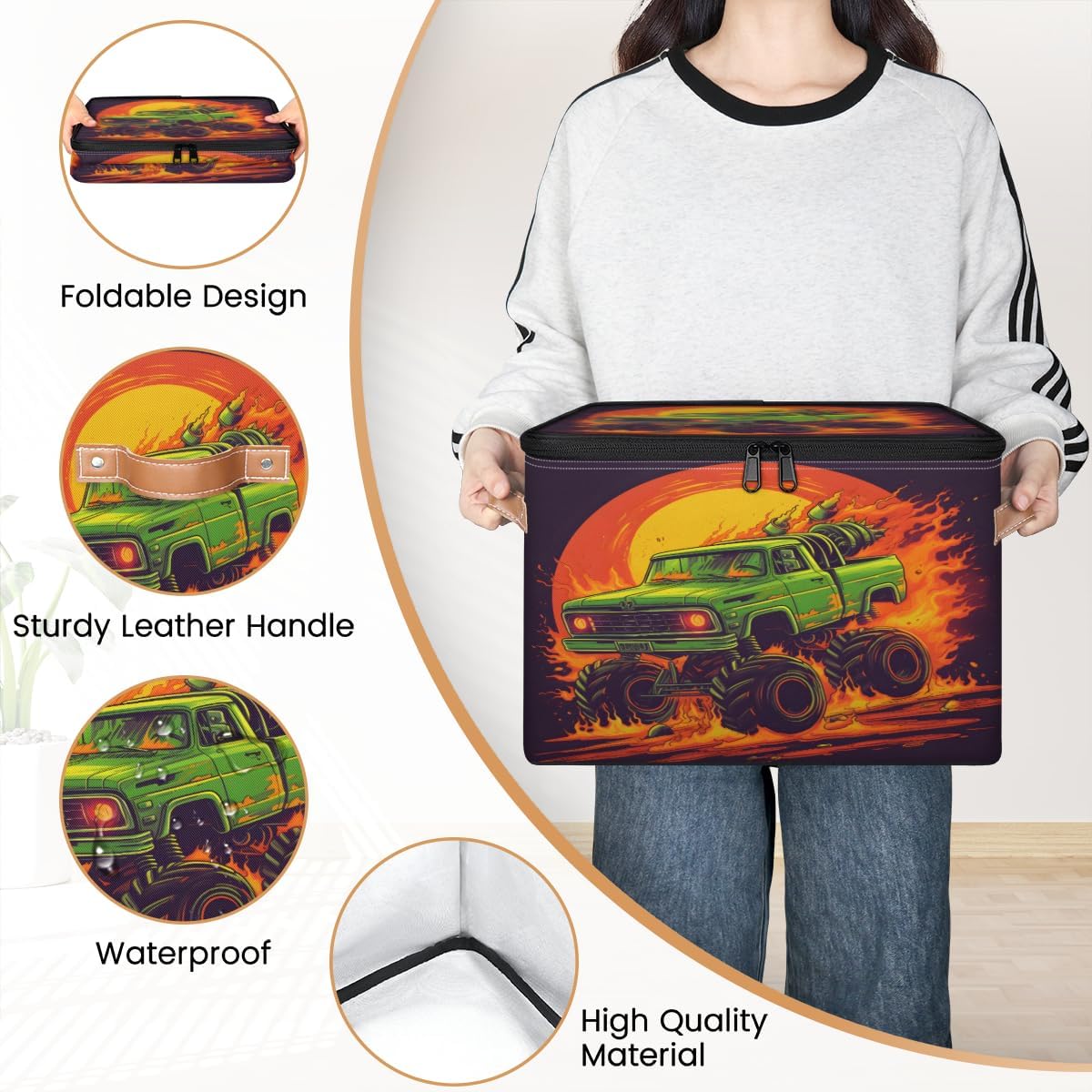 Storage Bin Set of 2 Fire Cool Car Storage Basket with Zipper Lid & Handle Foldable Closet Shelf 2 Pack Cloth Organizer Basket Cube Bins Clothes Organizer for Nursery, Bedroom