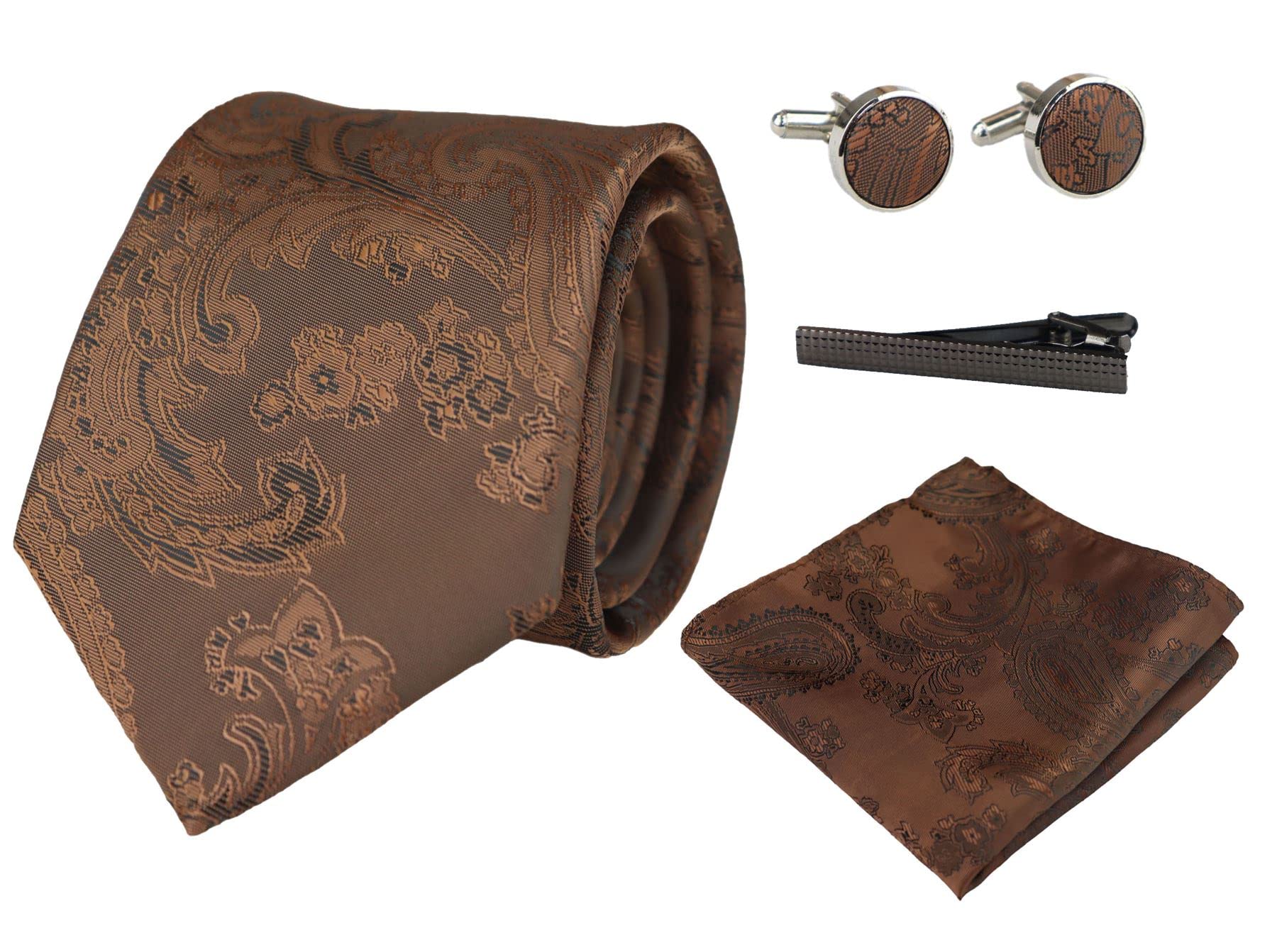 Paul Andrew Unisex Paisley Neck Tie Pocket Square Cuff Links in Brown