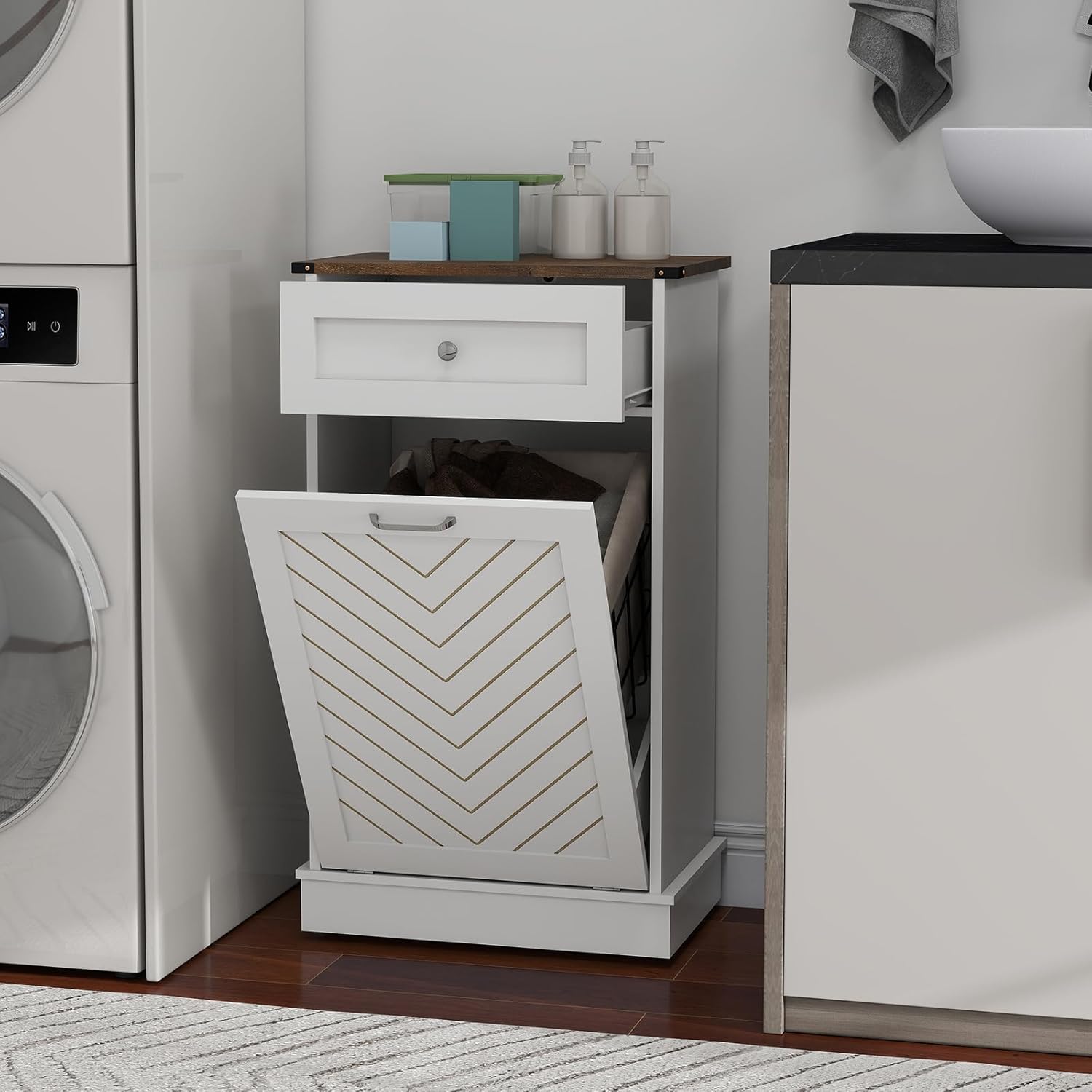 YOURLITE Tilt-Out Laundry Hamper Cabinet, 10 Gallon Herringbone Trash Can Cabinet with Drawer, Hidden Garbage Can Cabinets, Free Standing for Bathroom & Kitchen