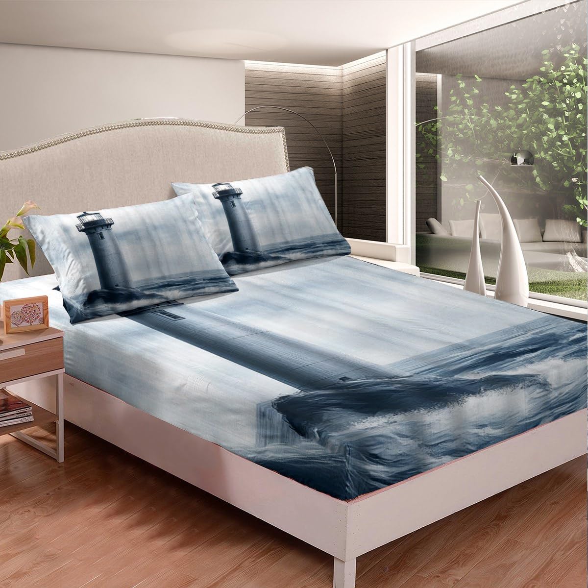 jejeloiu Lighthouse Bed Sheets Set Twin Size Kids Nautical Fitted Sheet with Deep Pocket for Boys Girls Teens Ocean Themed Bedding Set Breathable Sea Adventure Bedroom Decor