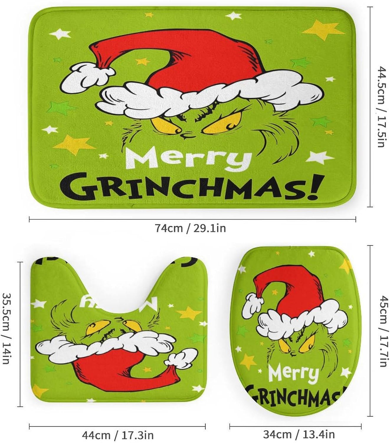 Christmas 4PCS Shower Curtain Set with Non-Slip Mat,Toilet Lid Cover,and Bath Mat, Polyester Fabric Shower Curtain with 12 Hooks,Durable Bathroom Decor Set 72 * 72INCH