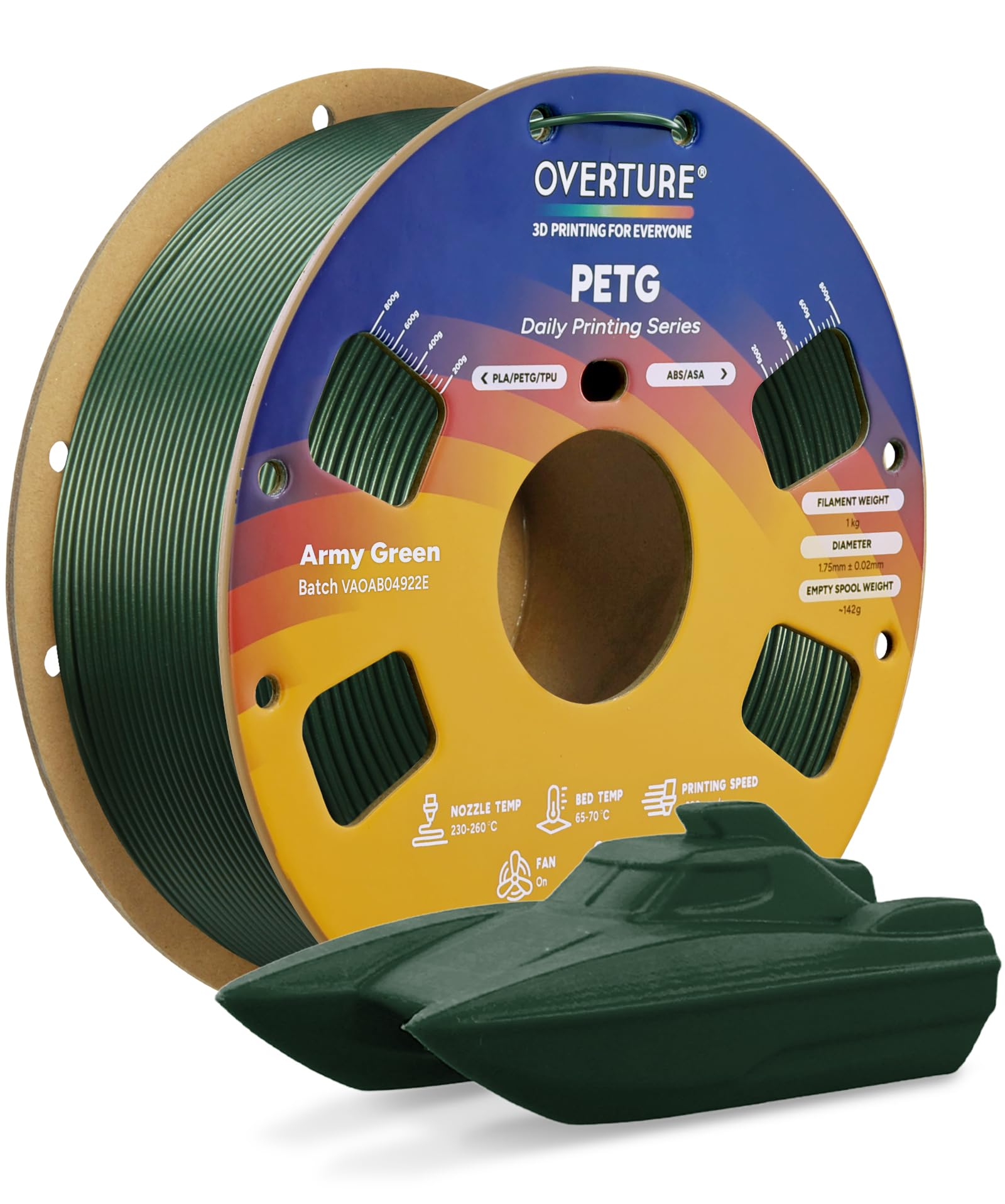 OVERTURE PETG 3D Printer Filament 1.75mm, Neatly Wound Durable PETG 1kg Spool (2.2lbs), Strong Toughness Filament, Dimensional Accuracy +/- 0.02mm,