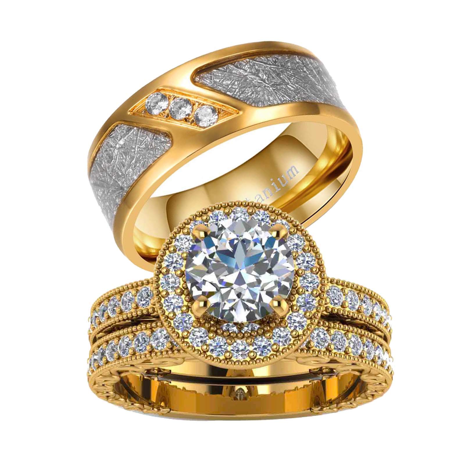 TWO RINGS His Hers Wedding Ring Sets Couples Rings Women's 10k Yellow Gold Plated White heart CZ Wedding Engagement Ring Bridal Sets & Men's Titanium Wedding Band