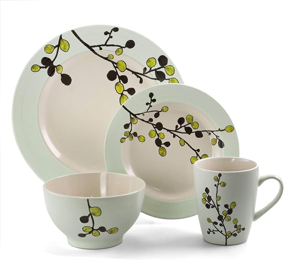 Elama RETROBLOOM Retro Bloom 16 Piece Luxurious Stoneware Dinnerware with Complete Setting for 4, 16pc, Green