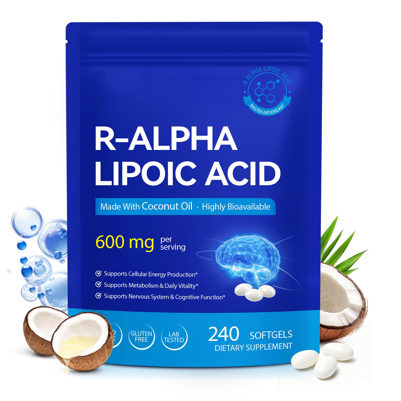 240 Pcs R-Alpha Lipoic Acid R-ALA 600mg Per Serving for Brain, Vitality, Powerful Antioxidant, Metabolism Support, Cellular Wellness, with Coconut Oil