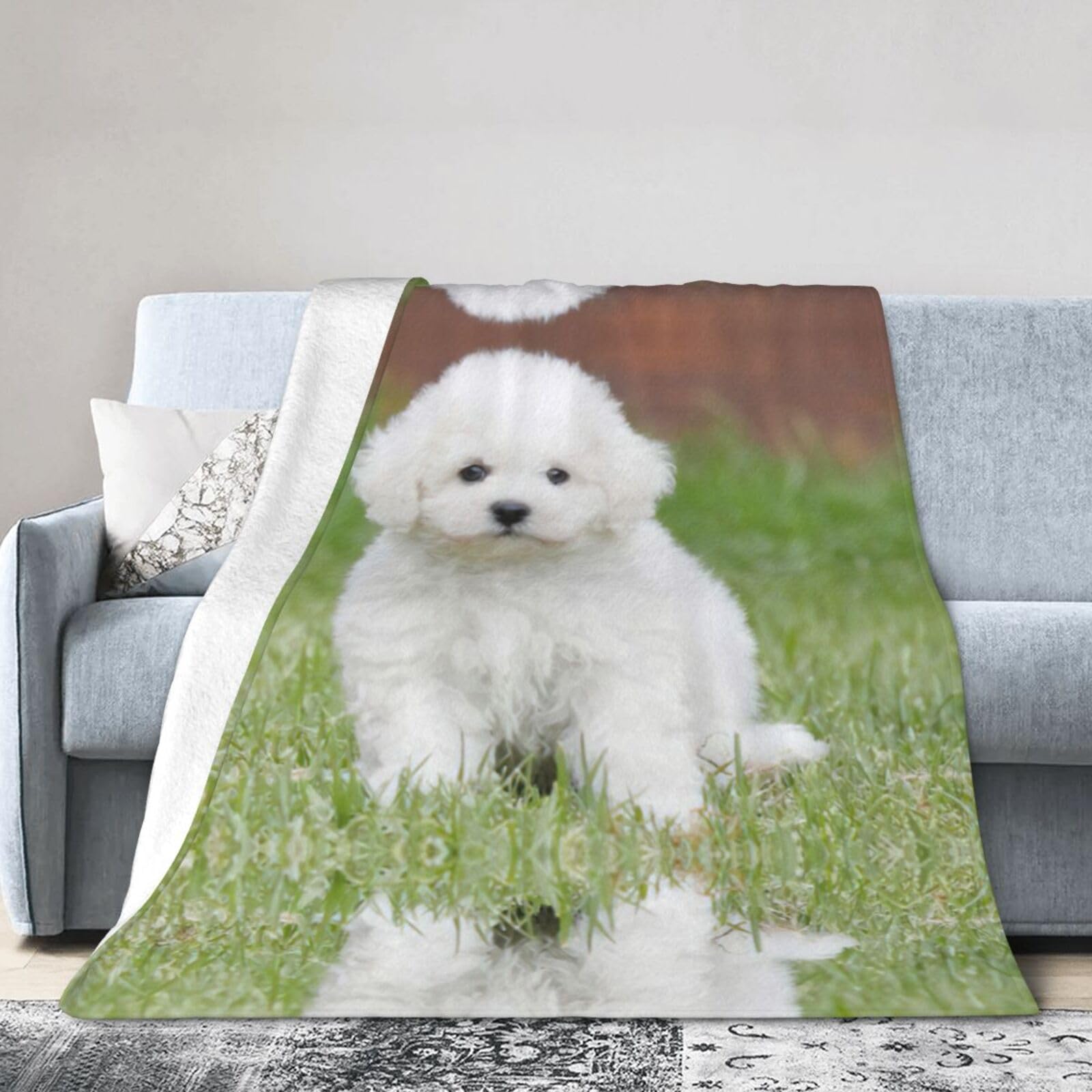 Uusnwaa Soft Cosy Fleece Warm Throw Bichon Frise Dog Print Blanket
